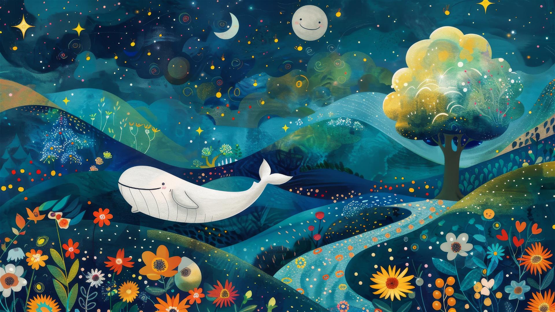 Picture book style illustration of a white whale floating in sky with raindrops falling on blooming flowers, hills, twinkling stars, floating clouds, and a sunflower-adorned tree with hanging fruits.