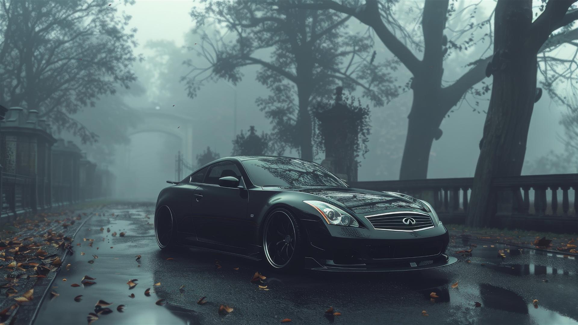 Closeup view of a foggy and gloomy Infiniti G37 in dim lighting