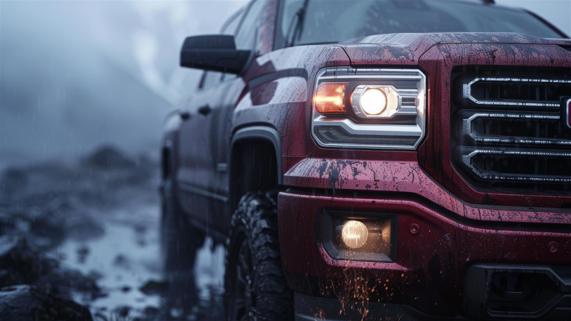 Gloomy gothic GMC Sierra in dim light and fog