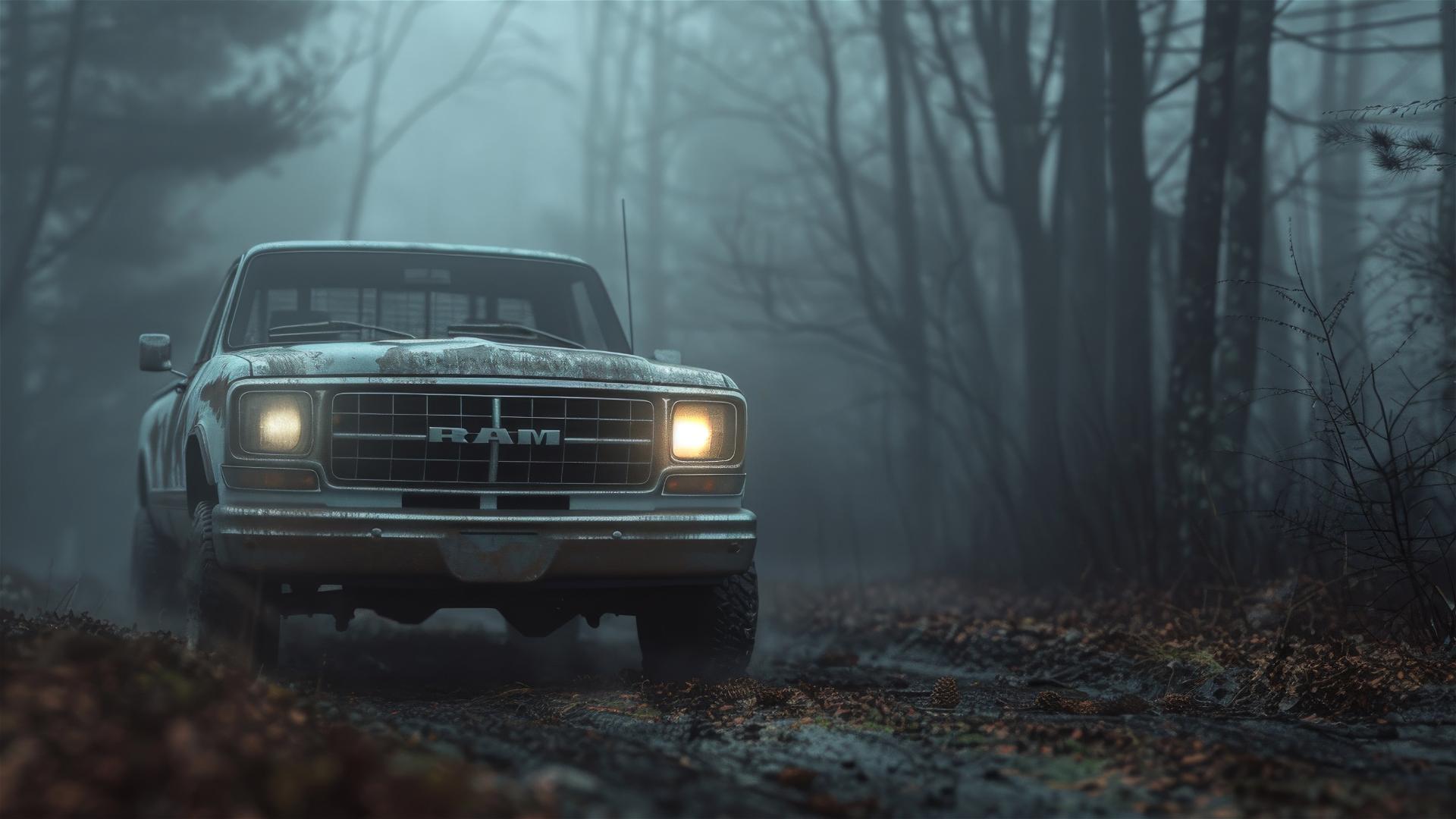 Dim-lit closeup view of a Dodge Ram 1500 in a gloomy, foggy atmosphere