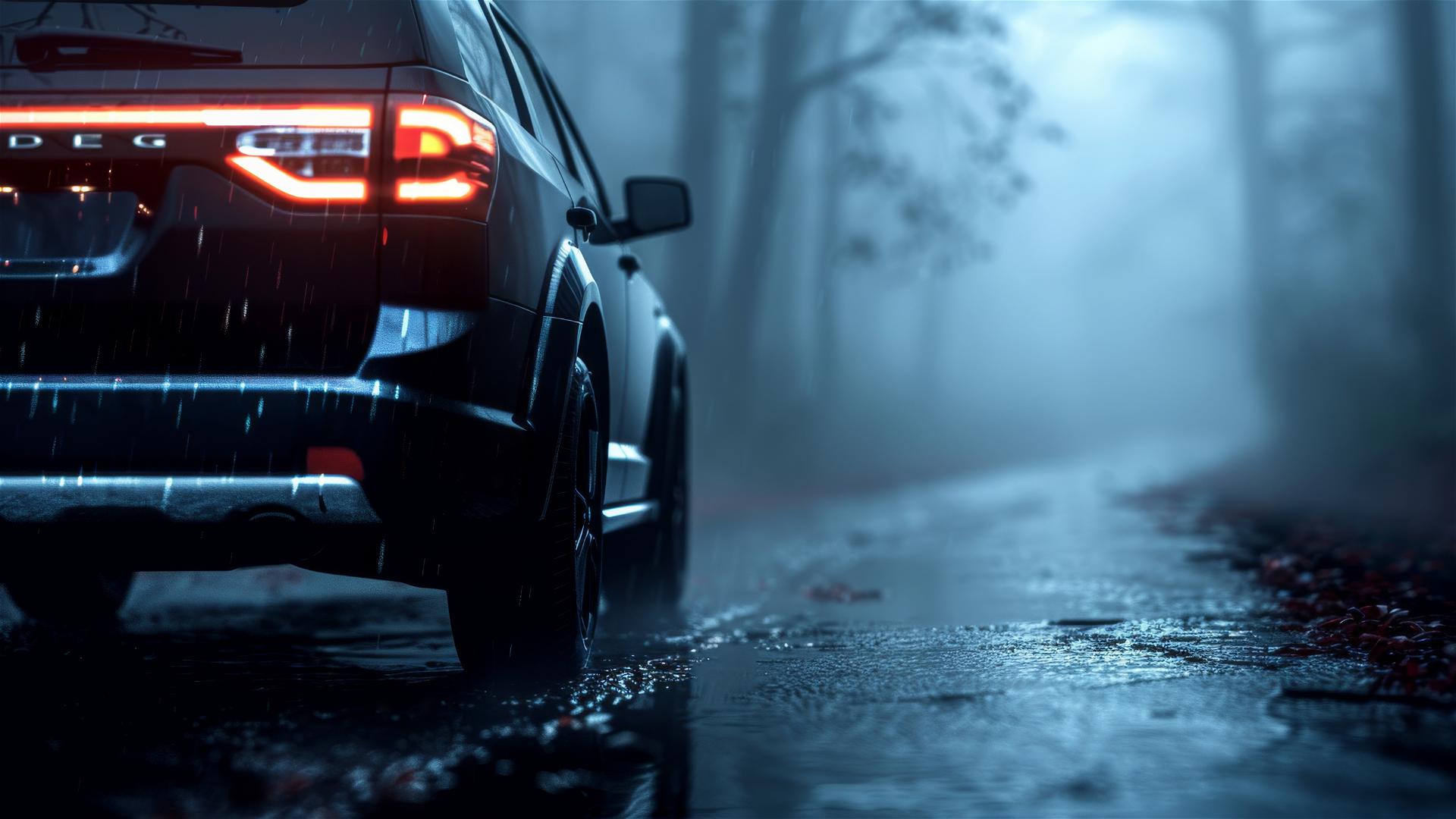 A Dodge Journey SUV in a dimly lit, gothic-style setting with fog, photorealistic detail, and 8k smooth quality viewed up close.