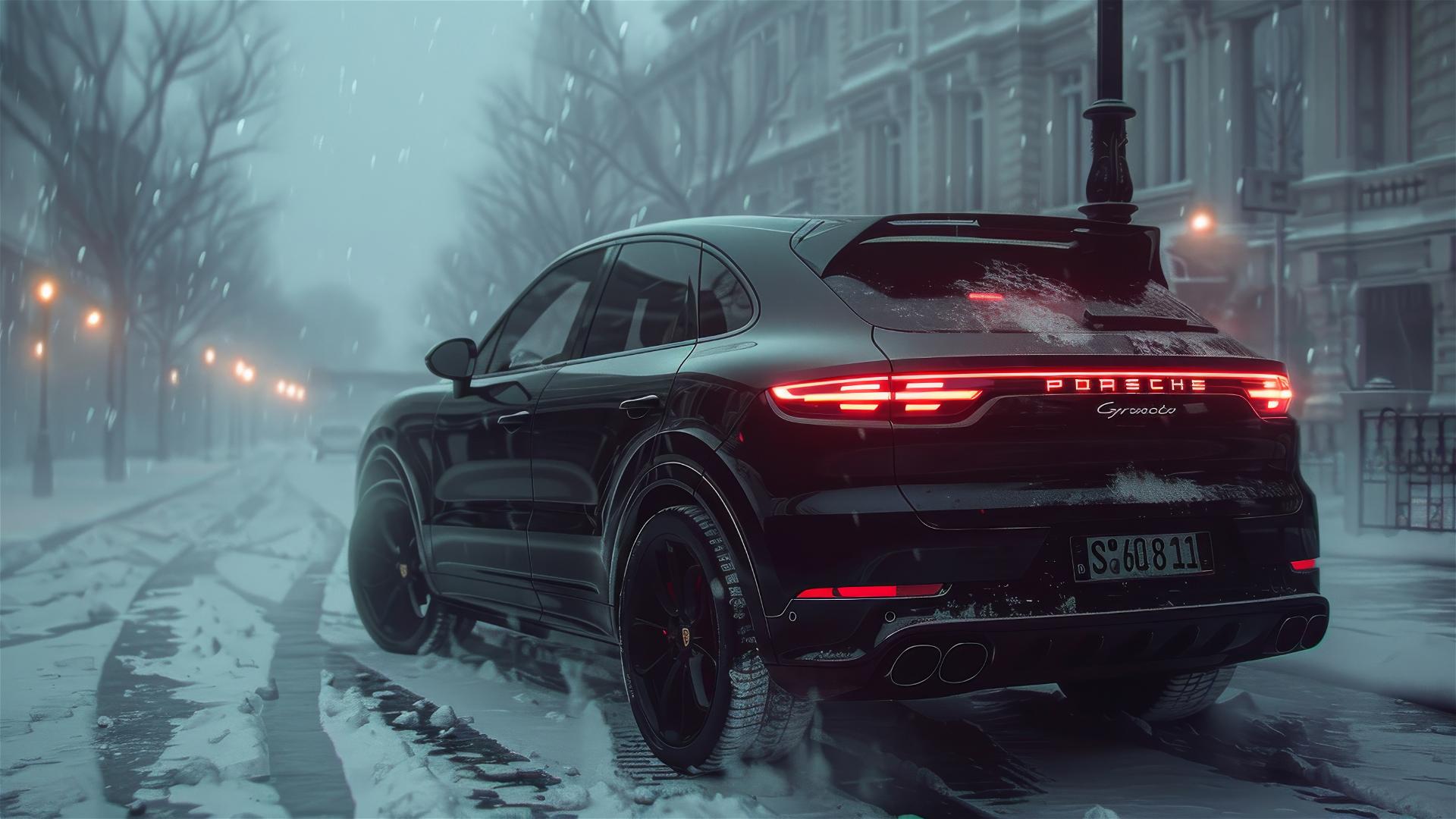 Porsche Cayenne in dim, foggy setting with gothic gloom