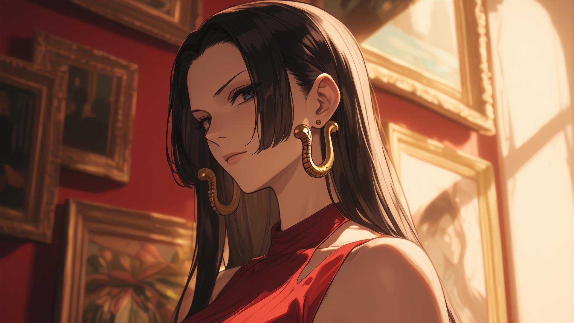 Boa Hancock from One Piece wandering through an art gallery, with soft lights casting a glow on her
