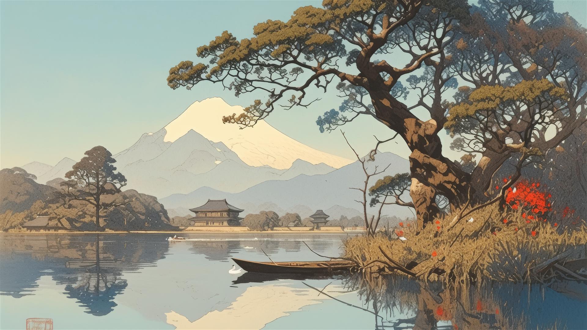 Minimalist woodcut painting of a lake, mountains, manor in a jungle, swans, and a fishing boat.