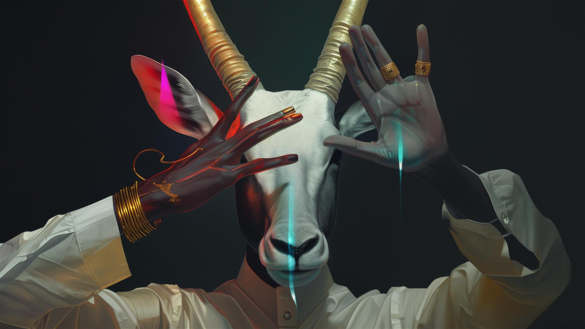 Pure Arabian oryx and Arab man in the style of Hsiao-Ron Cheng with neon colors on black background