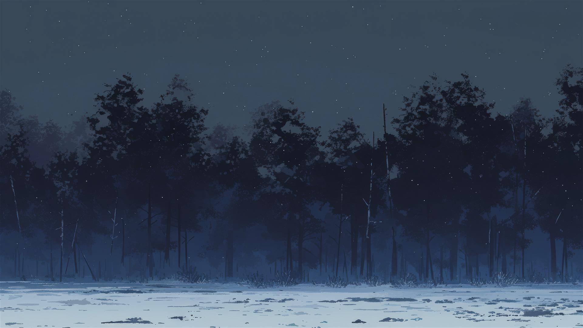 Dark winter landscape with black trees and soft grey snow