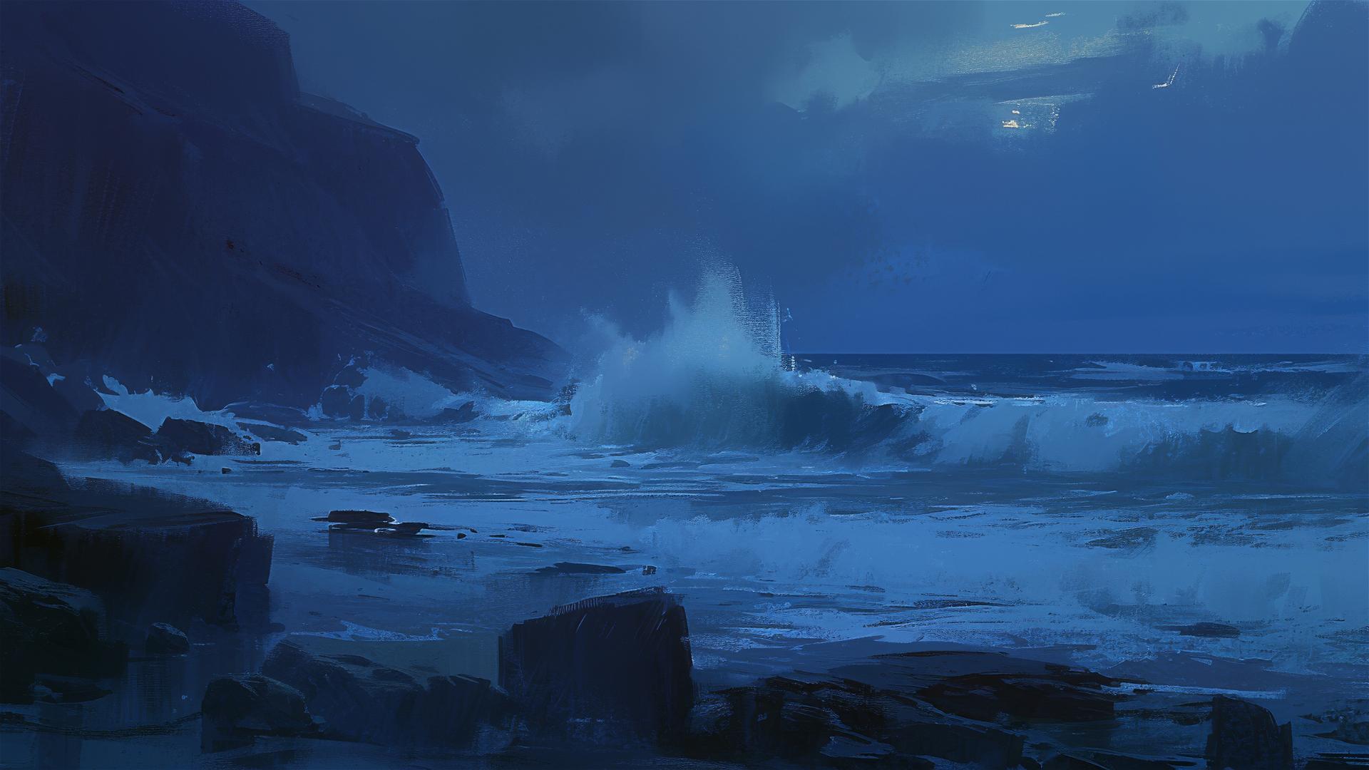 Dark cliffside with ocean waves crashing below at night