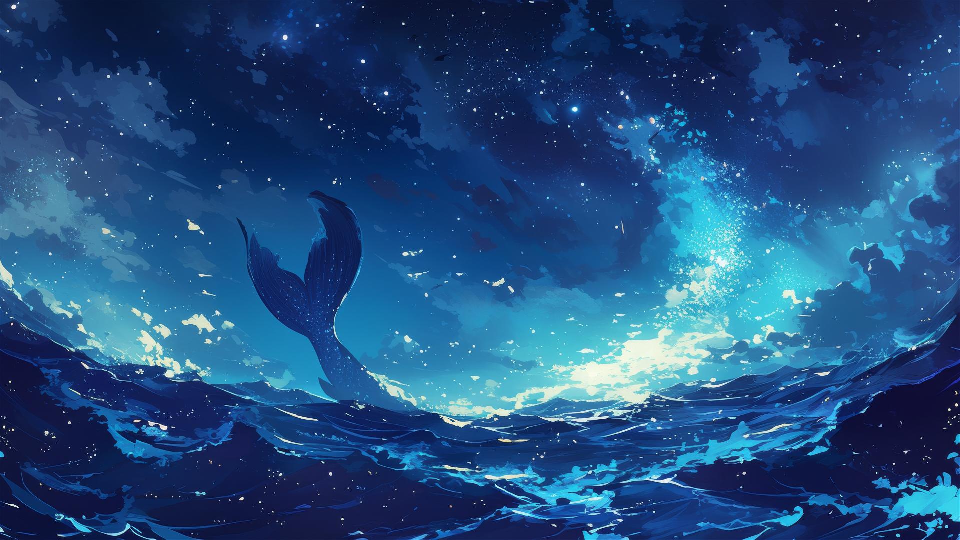 Aesthetic dark ocean waves under starlight, with a lone, glittering mermaid tail glimpsed briefly above the water, magical and elusive