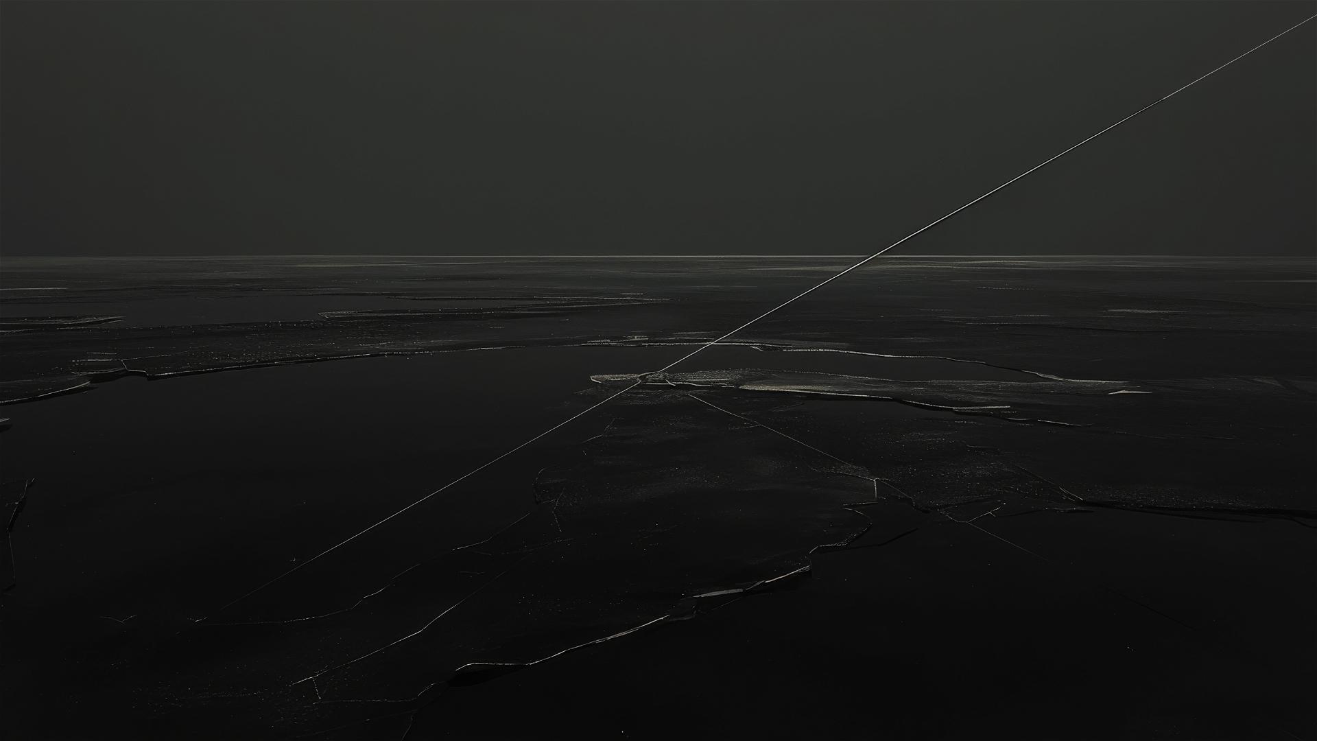 Aesthetic minimalism with a dark frozen lake and a single crack in the ice, highlighting fragility in the vast darkness, subtle and chilling