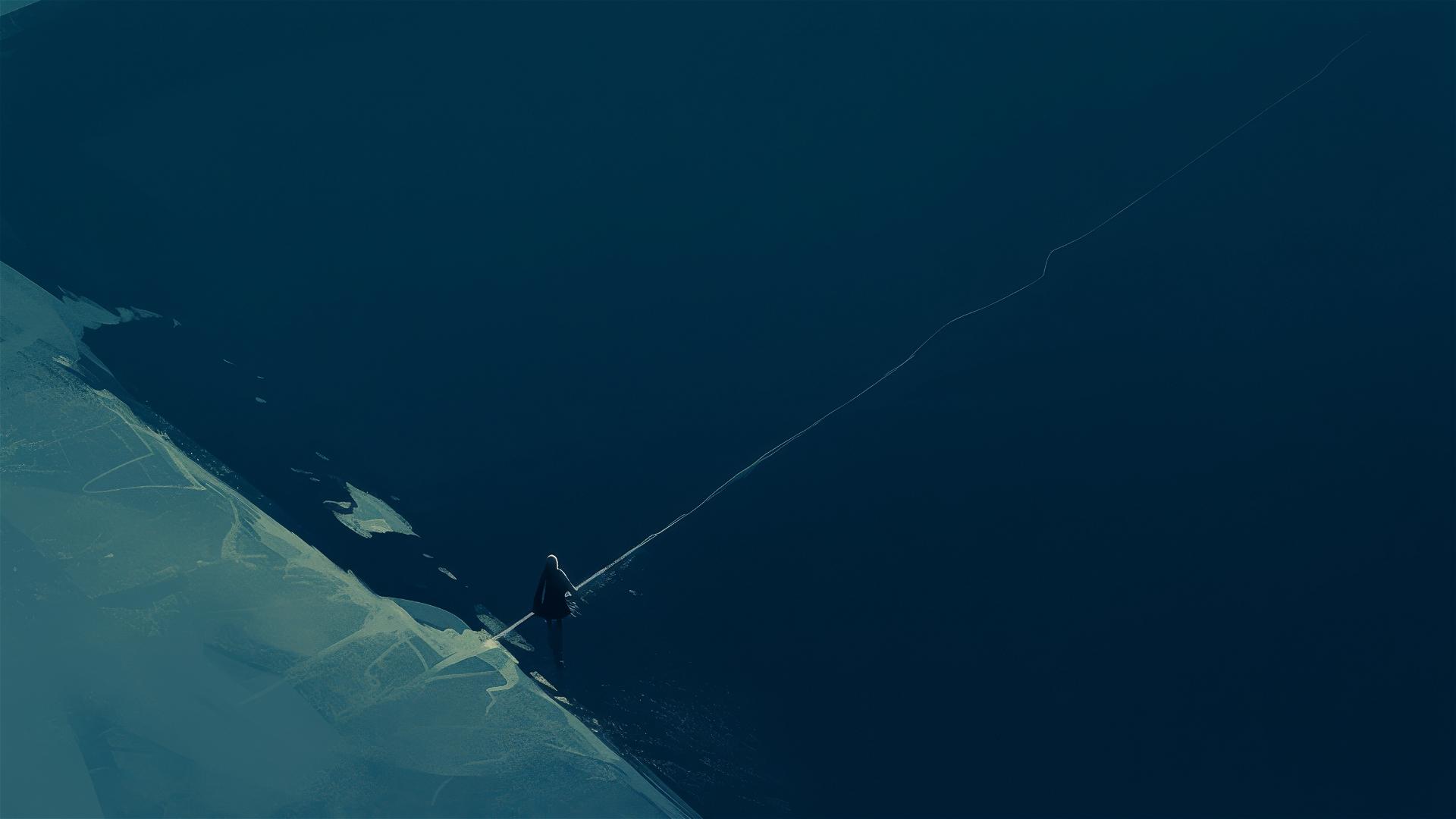 Minimalist aesthetic with dark frozen lake and crack in ice