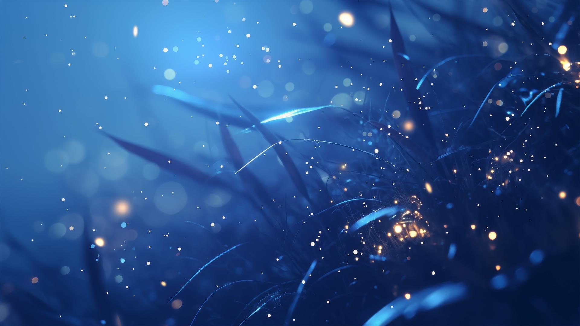 Glowing fireflies on pure black background, resembling a small universe