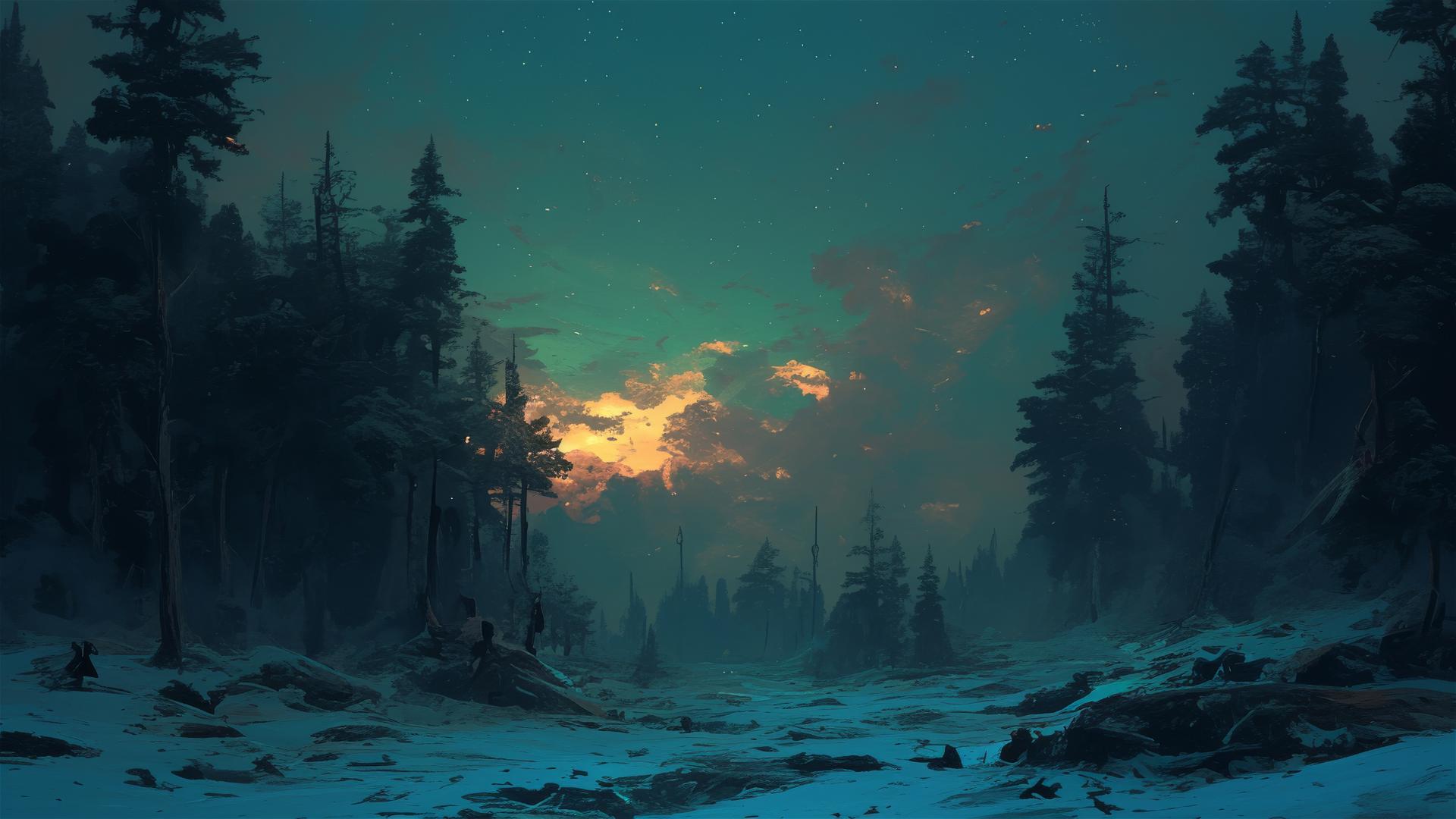 Dark boreal forest under a polar night with sparse northern lights