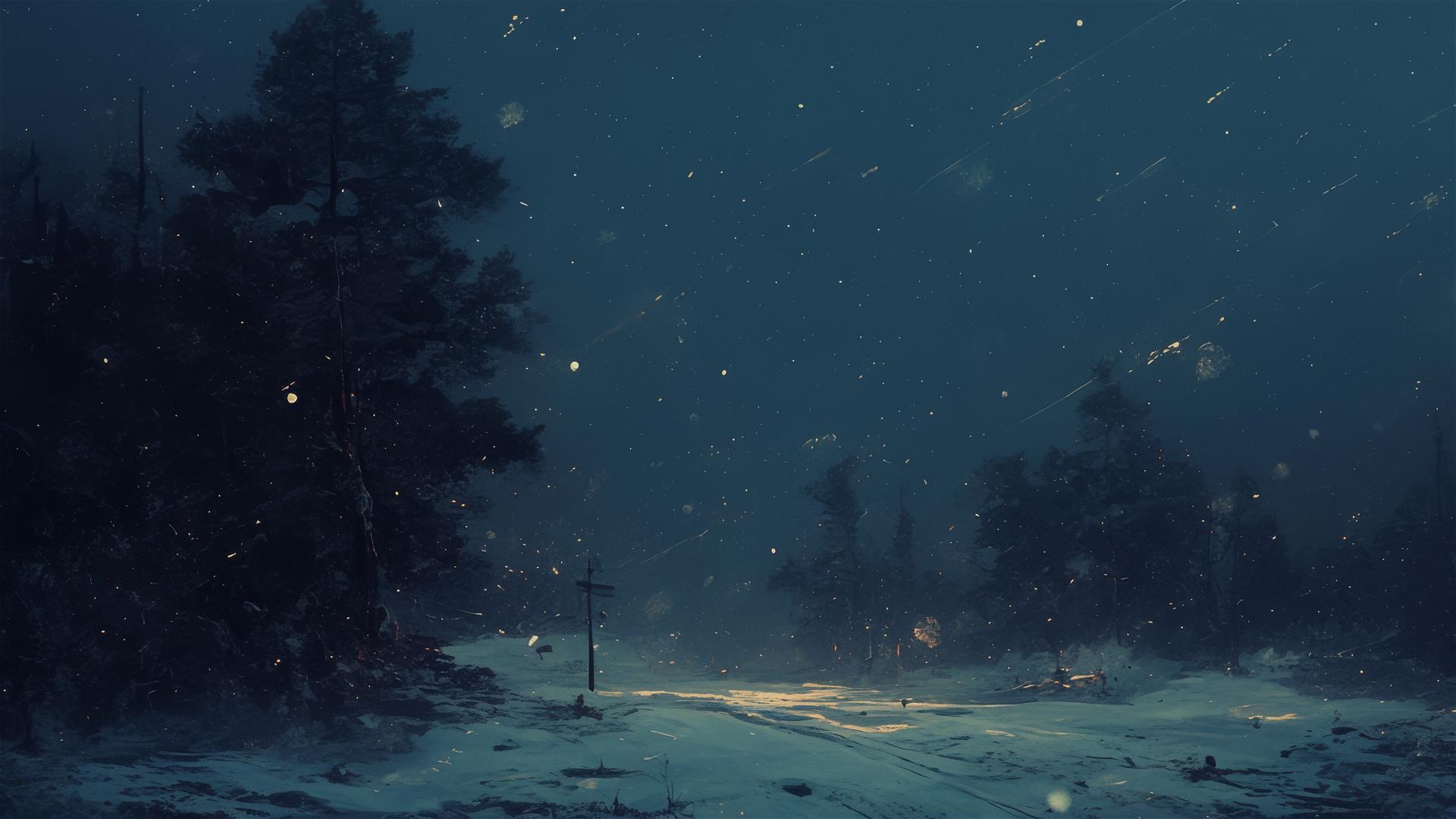 Dark blizzard with whirling snowflakes against pitch-black background