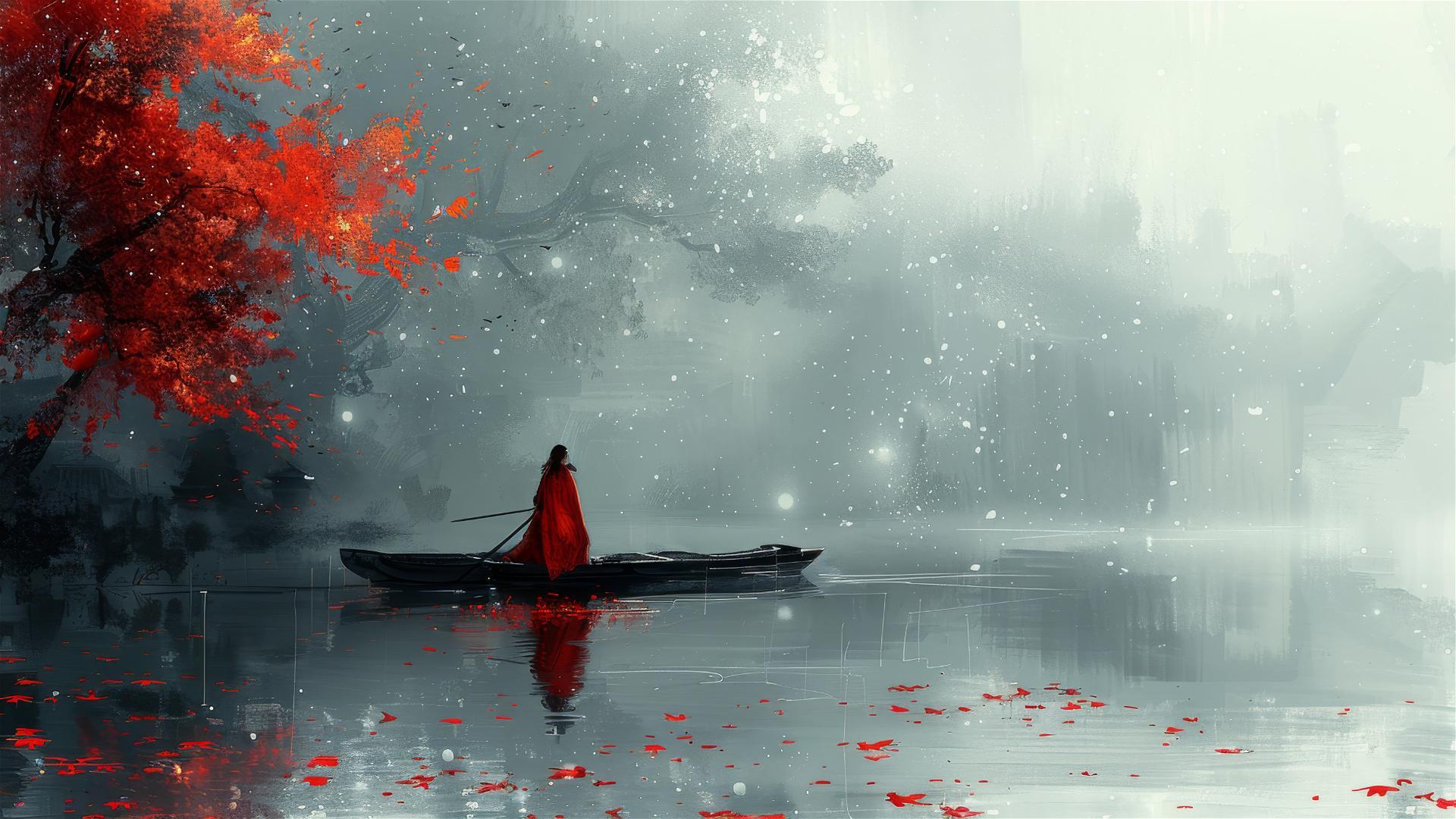Traditional Chinese landscape painting with a solitary hero in red on a boat with a sword
