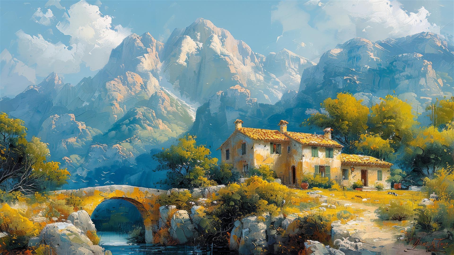 Vintage oil painting of an old house under a bridge with mountain vistas in yellow and cyan