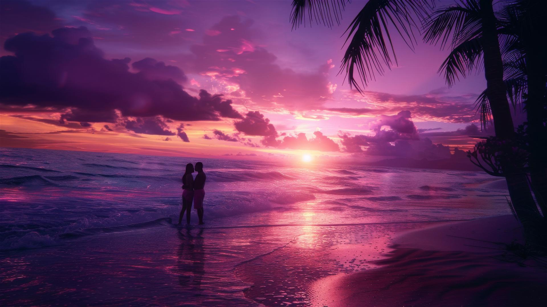 Cinematic cursed kiss scene on a paradise beach at sunset with purple hues
