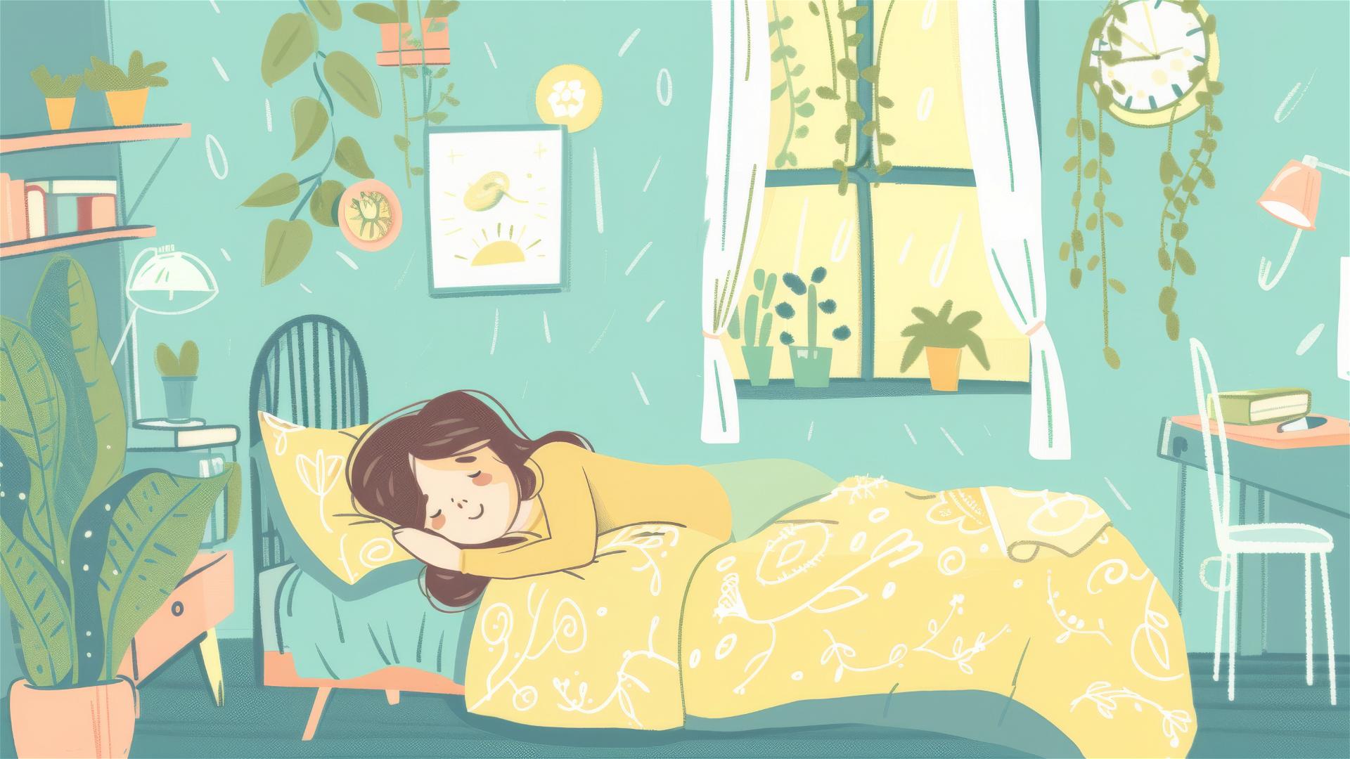 Girl lying on bed in a colorful 2D-style bedroom with doodle stickers