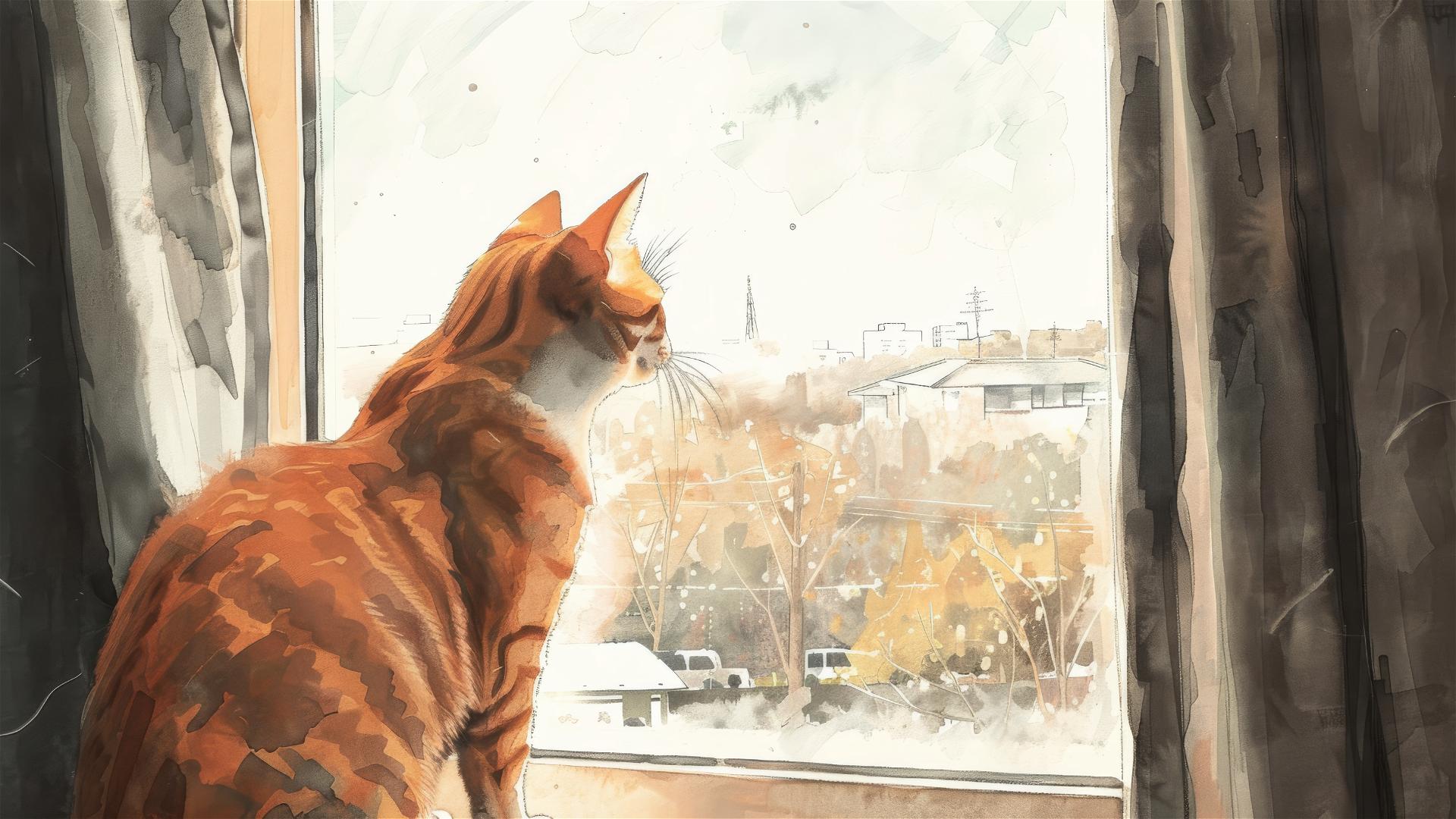 Cat climbing curtains with city landscape outside window