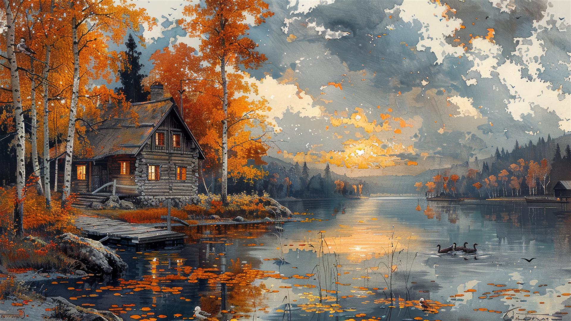 Woodcut lakeside scene with wooden house, birch trees, pier, and autumn colors