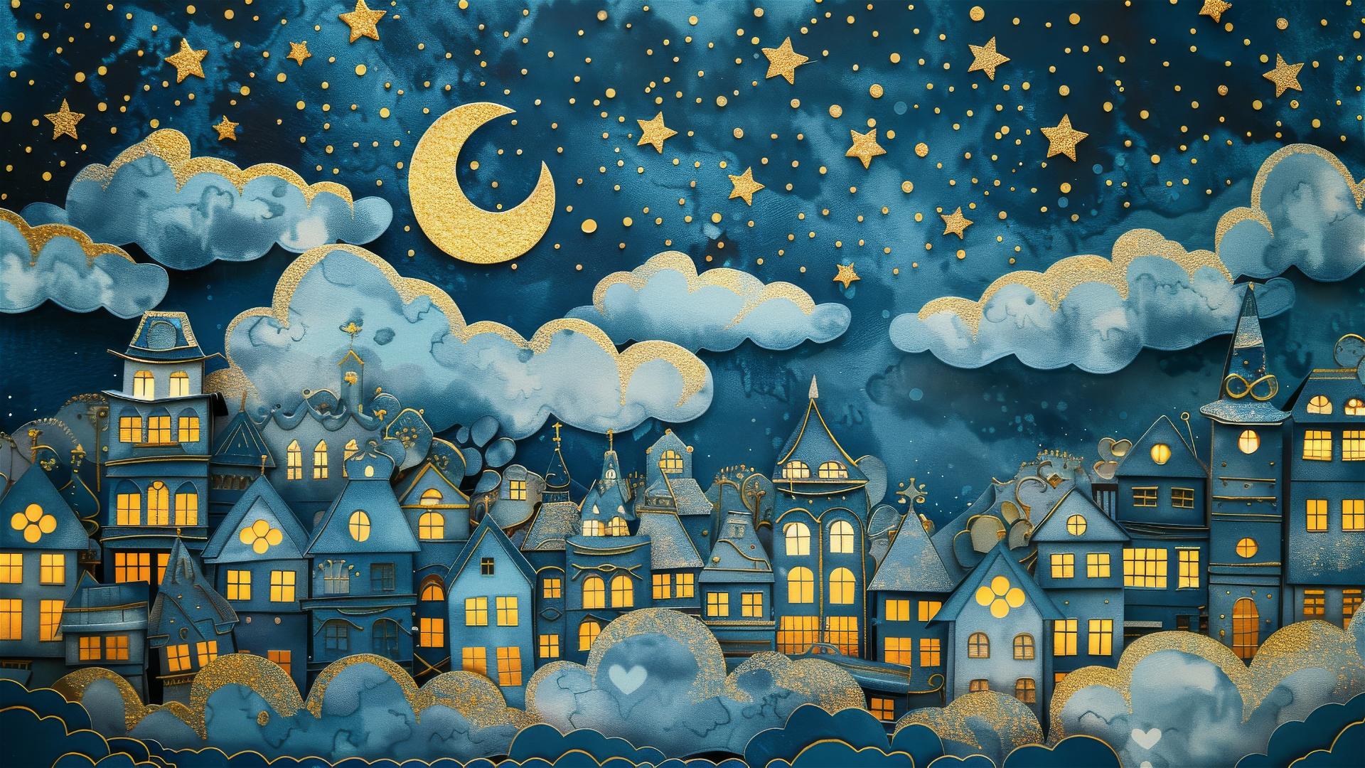 A whimsical blue and gold cityscape with stars and clouds at night.