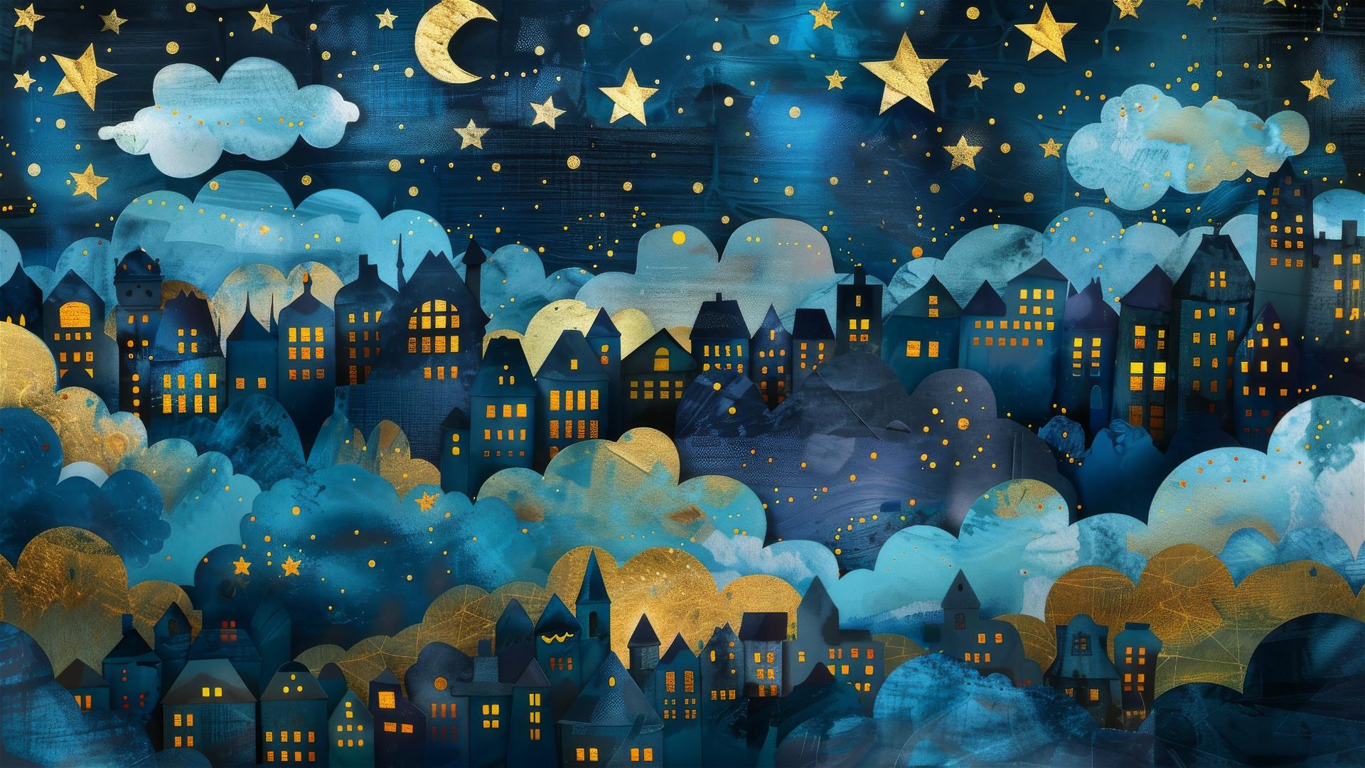 Blue and gold whimsical cityscape at night with twinkling stars