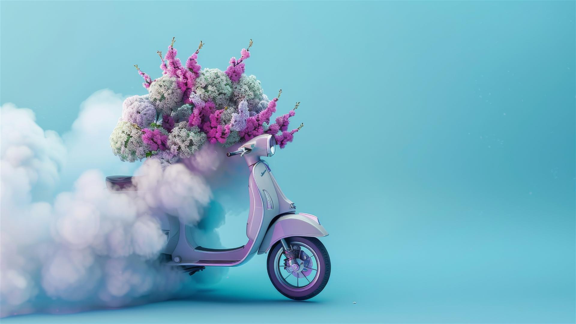 Purple and pink bouquets on cloud atop scooter with light blue background and white inflatable membrane floor