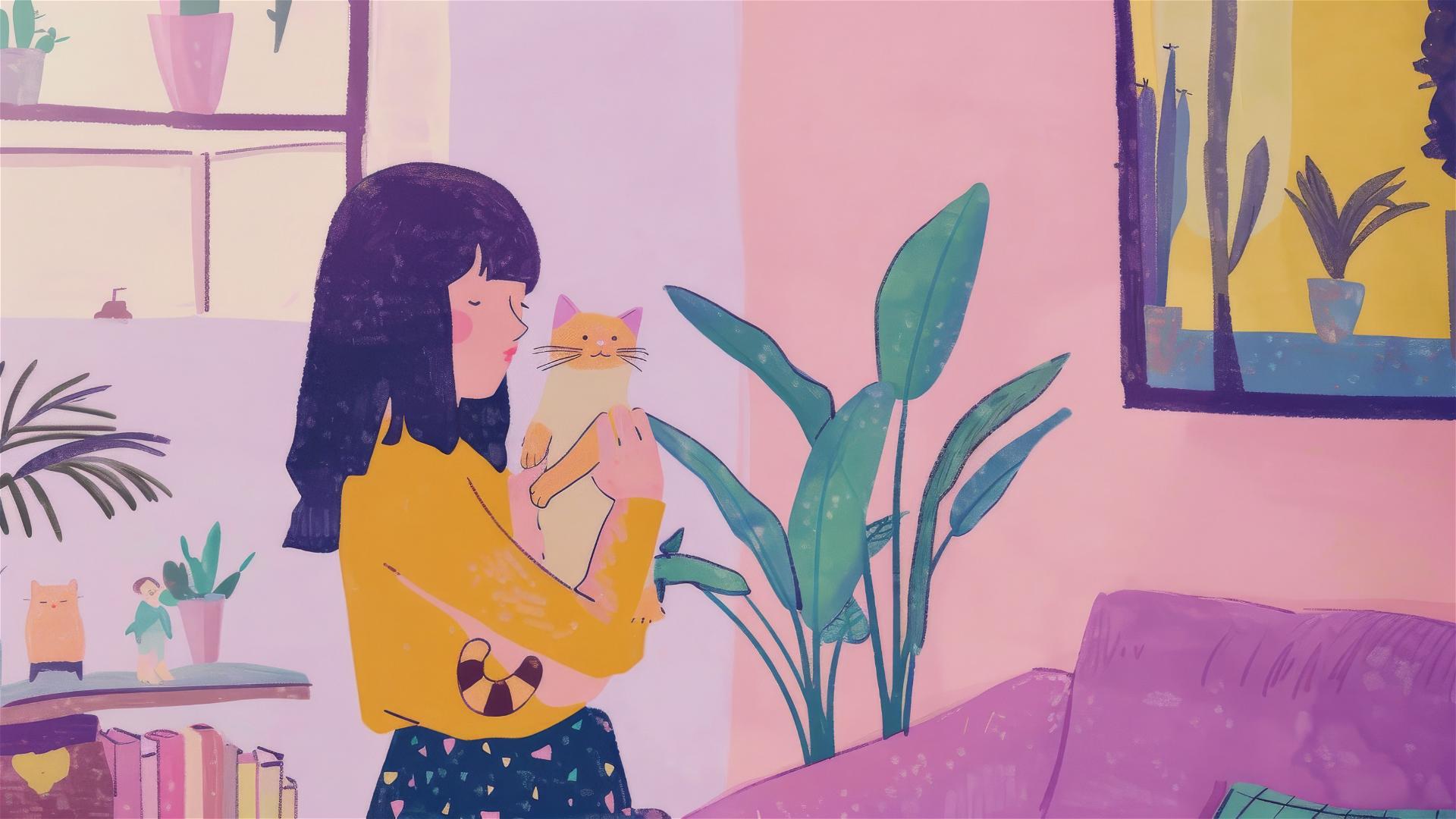 Girl holding a cat in a pastel-colored home with Japanese 80's kawaiicore style