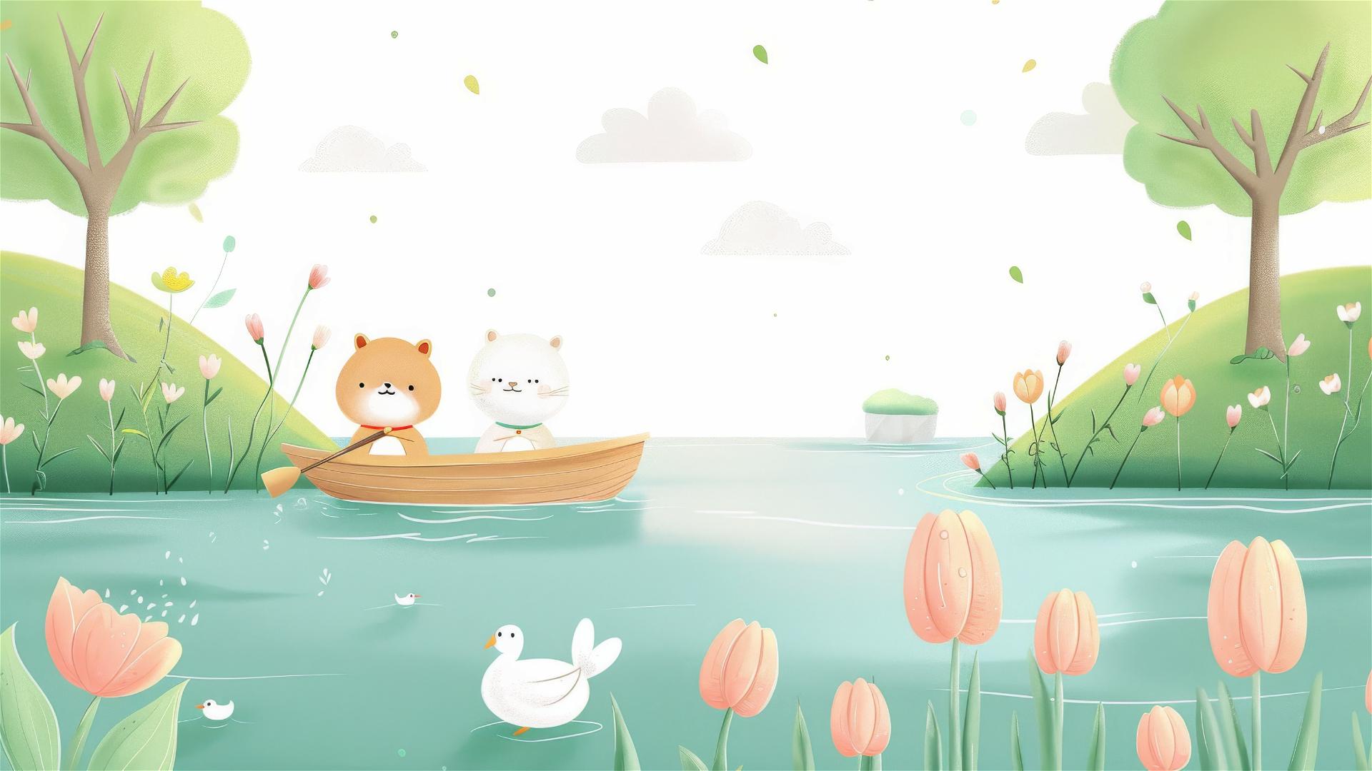 Cute animals in a lake, green grass, trees, clouds, two cats in a boat, duck swimming, pink tulips