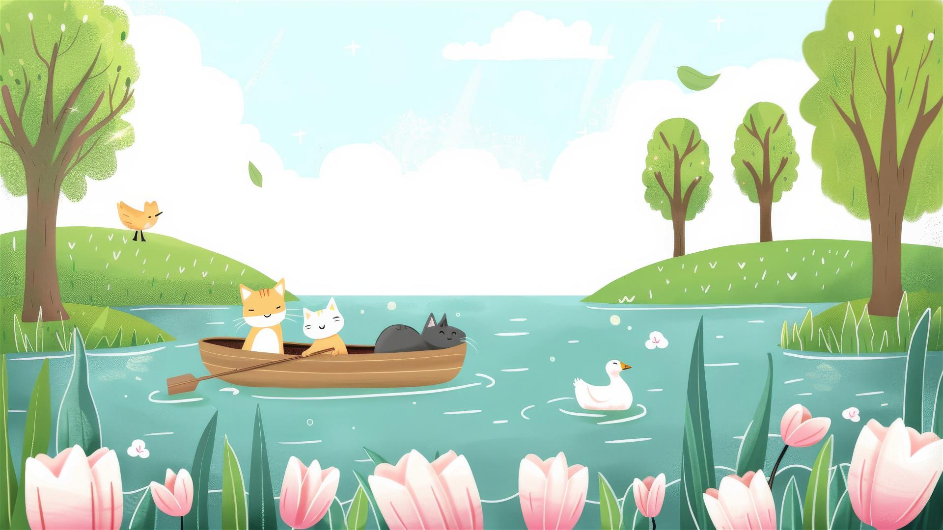 Cute animals in a lake with cats rowing a boat, duck swimming, pink tulips, trees, clouds.