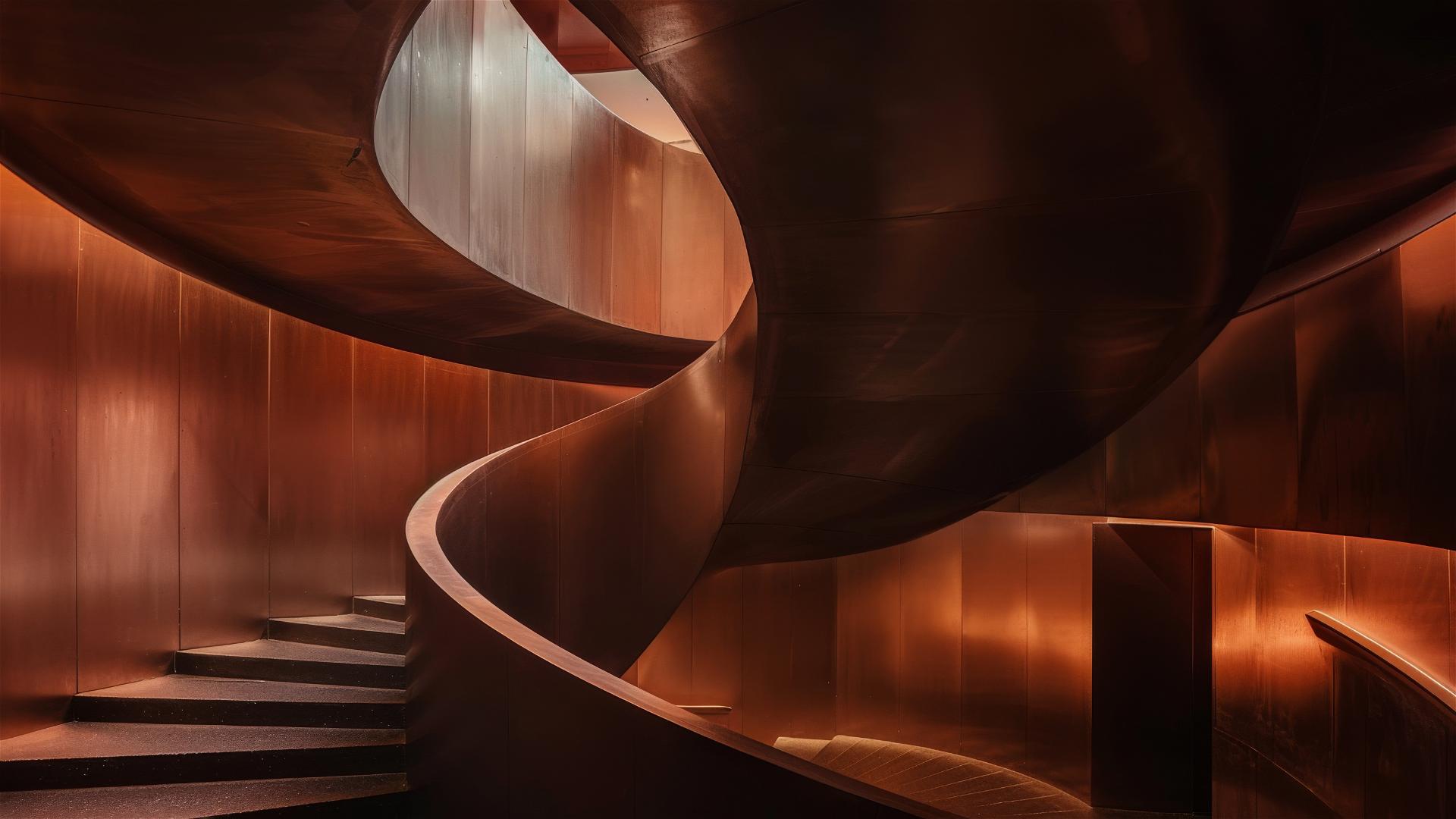 Curved staircase in contemporary building with copper tones and dramatic lighting