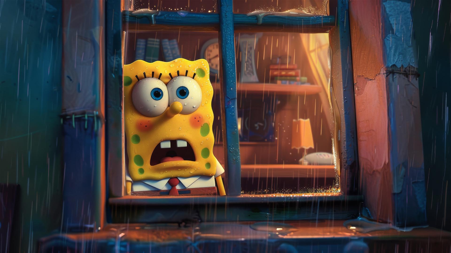 Spongebob staring into a bedroom window with rain outside.