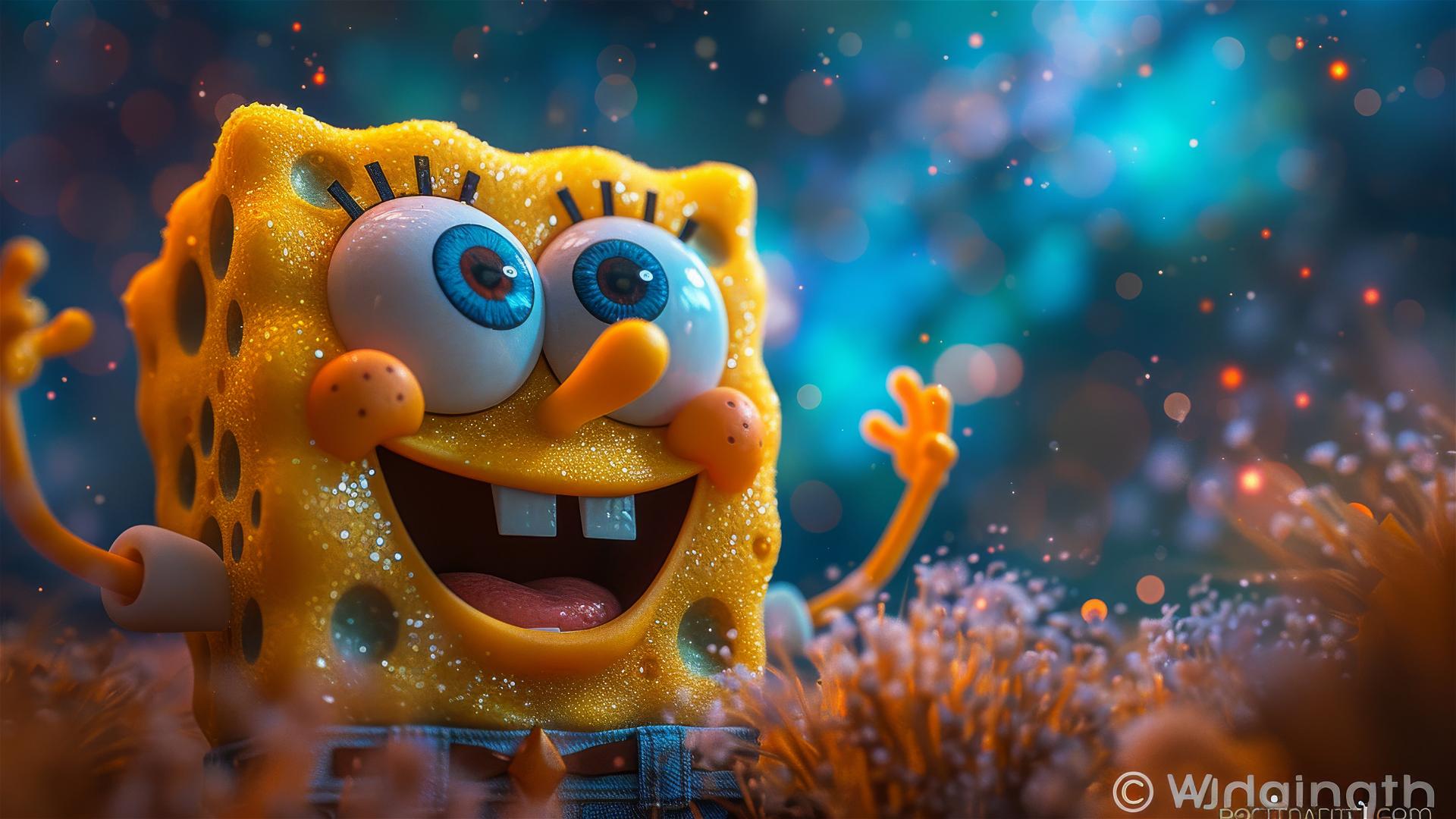 SpongeBob looking up at the Milky Way with Afrofuture gradients