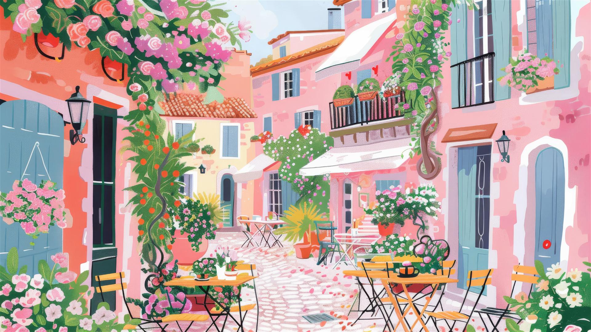 Sunny pink and pastel French village street with flowers and terraces
