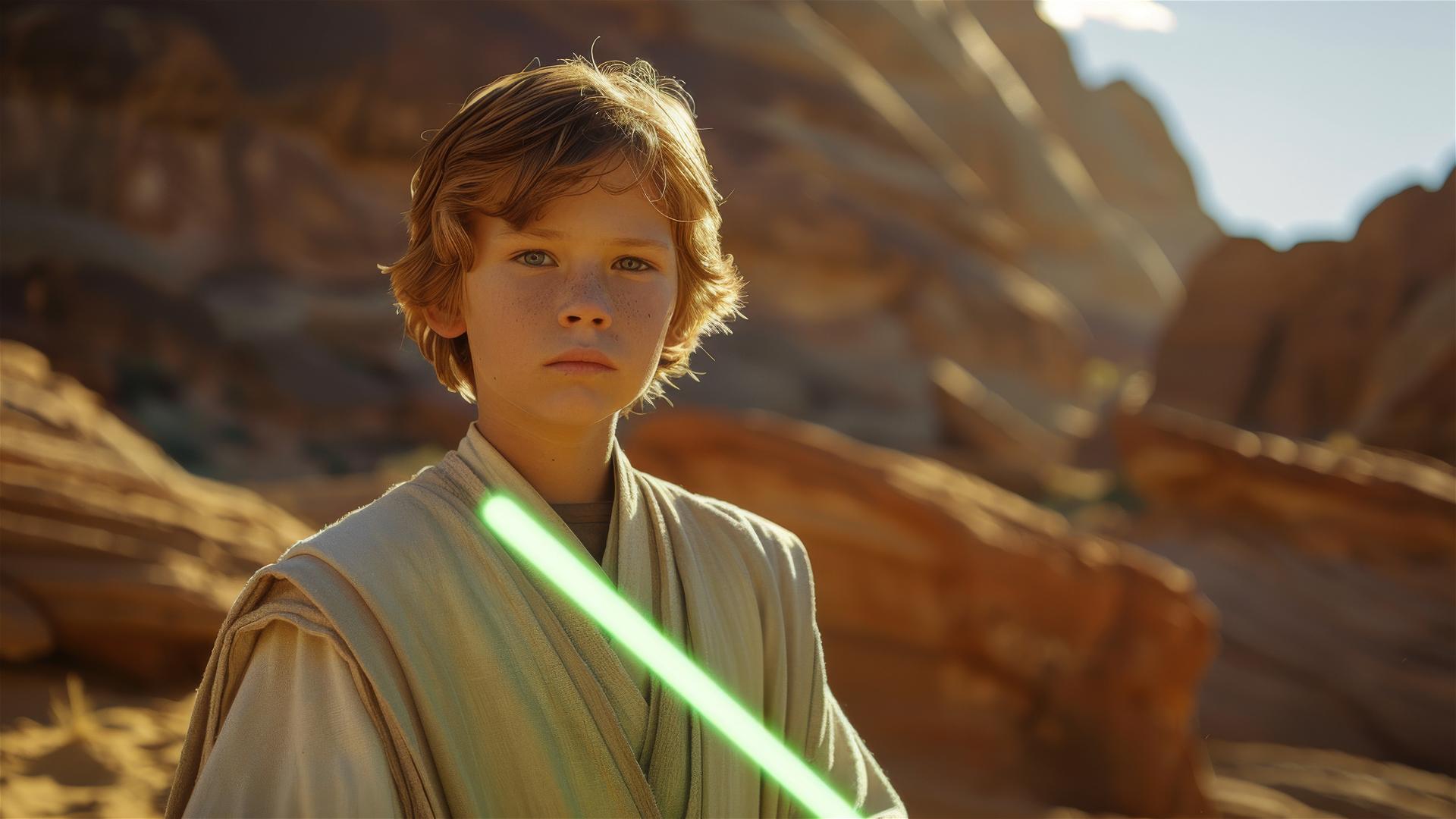 Young boy in Jedi robe holding green lightsaber on desert sci-fi planet