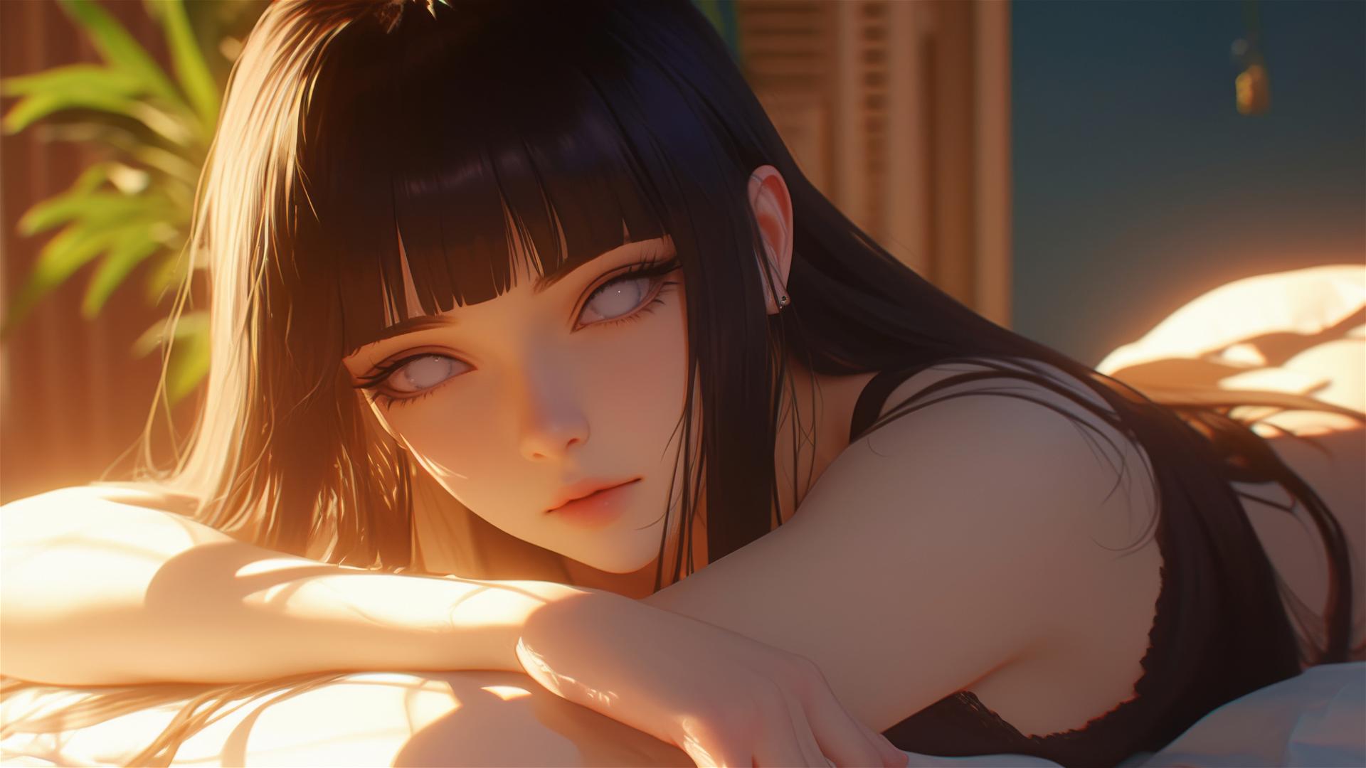 Hinata Hyuga resting at a modern hotel with warm light and white eyes.