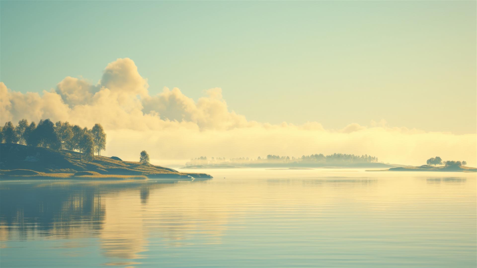 Gentle mist over a calm bay at dawn reflecting soft morning light hues
