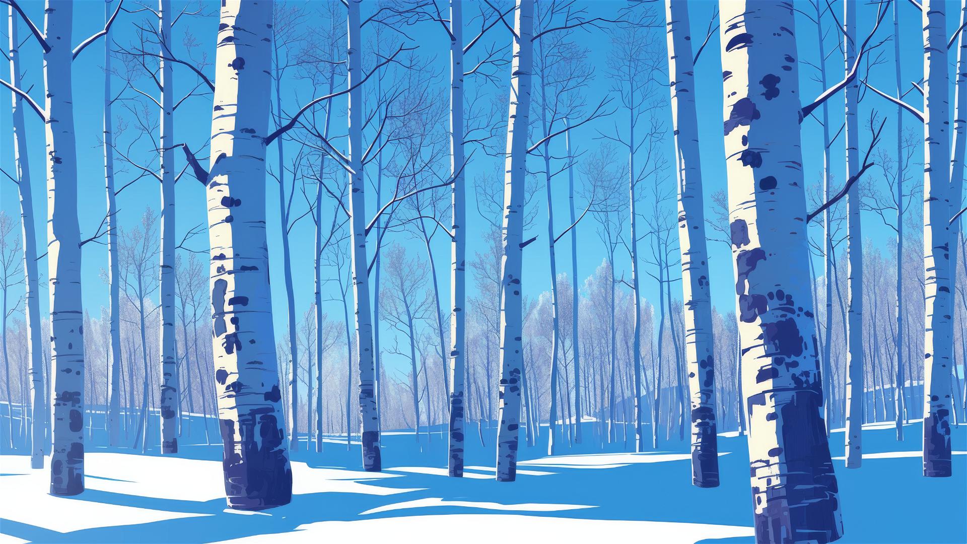 Quiet aspen forest in early winter with thin snow layer and blue sky