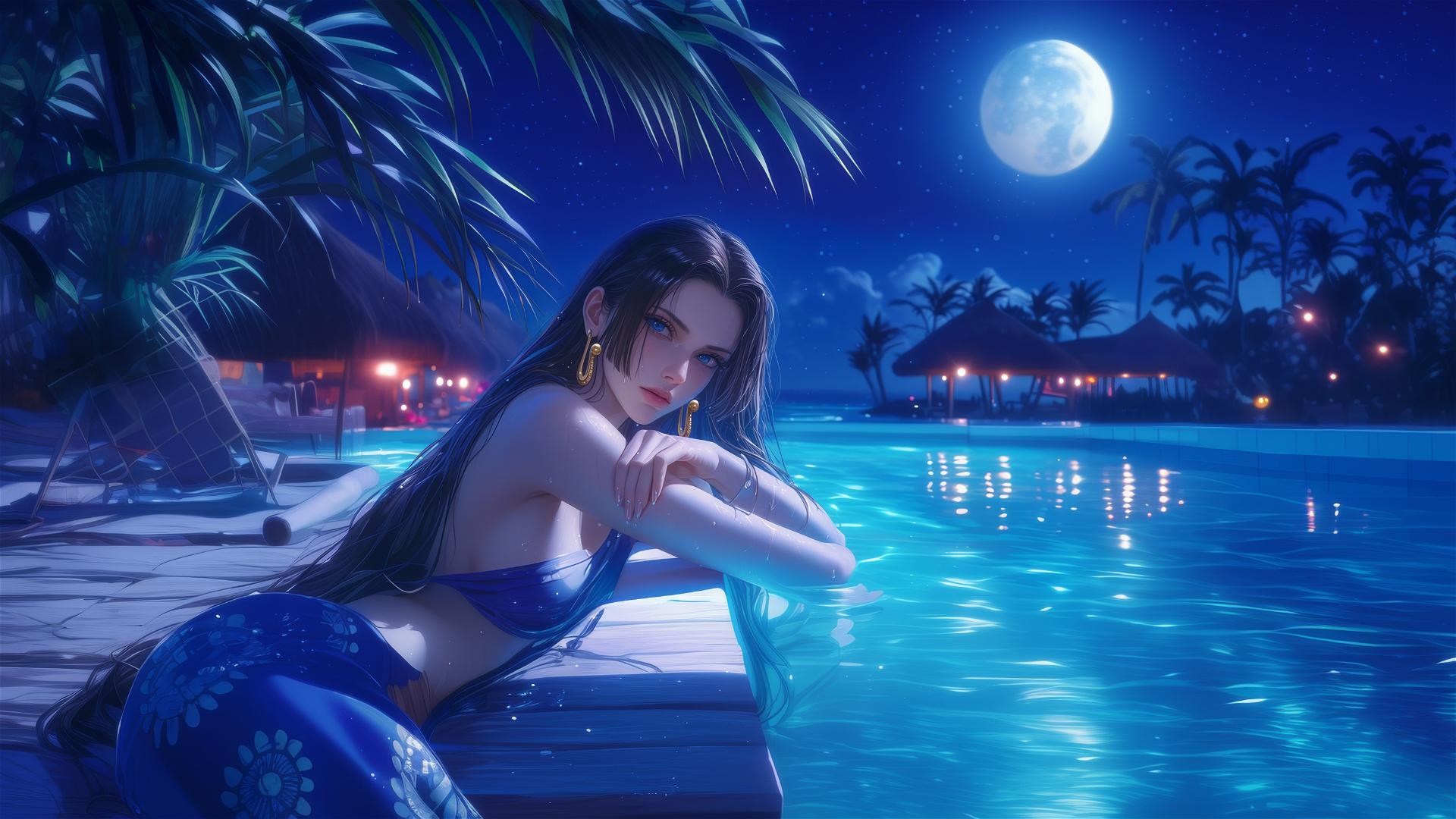 Boa Hancock from One Piece resting by a swimming pool under moonlight