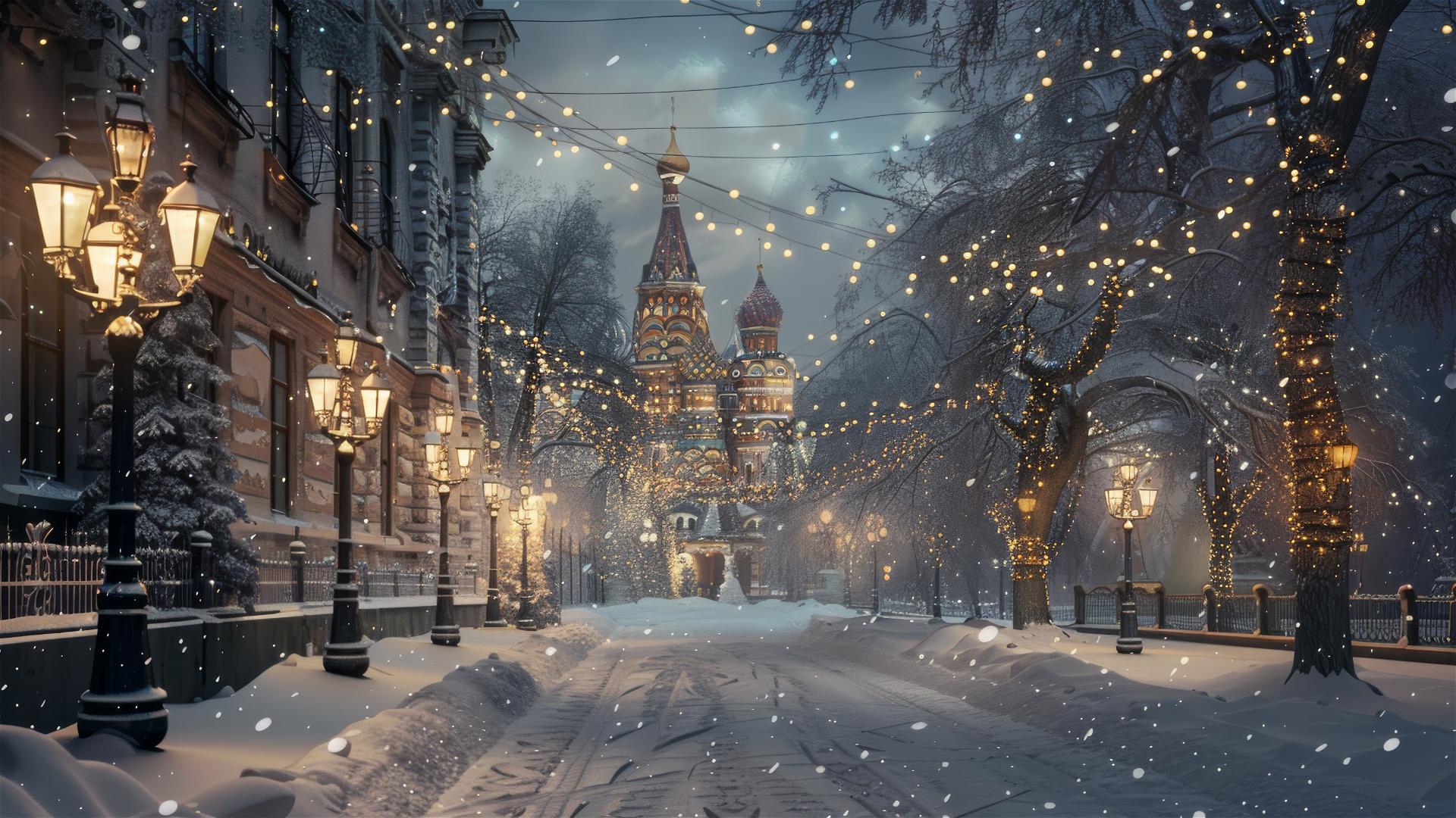Winter evening in Moscow with garlands lighting up the scene