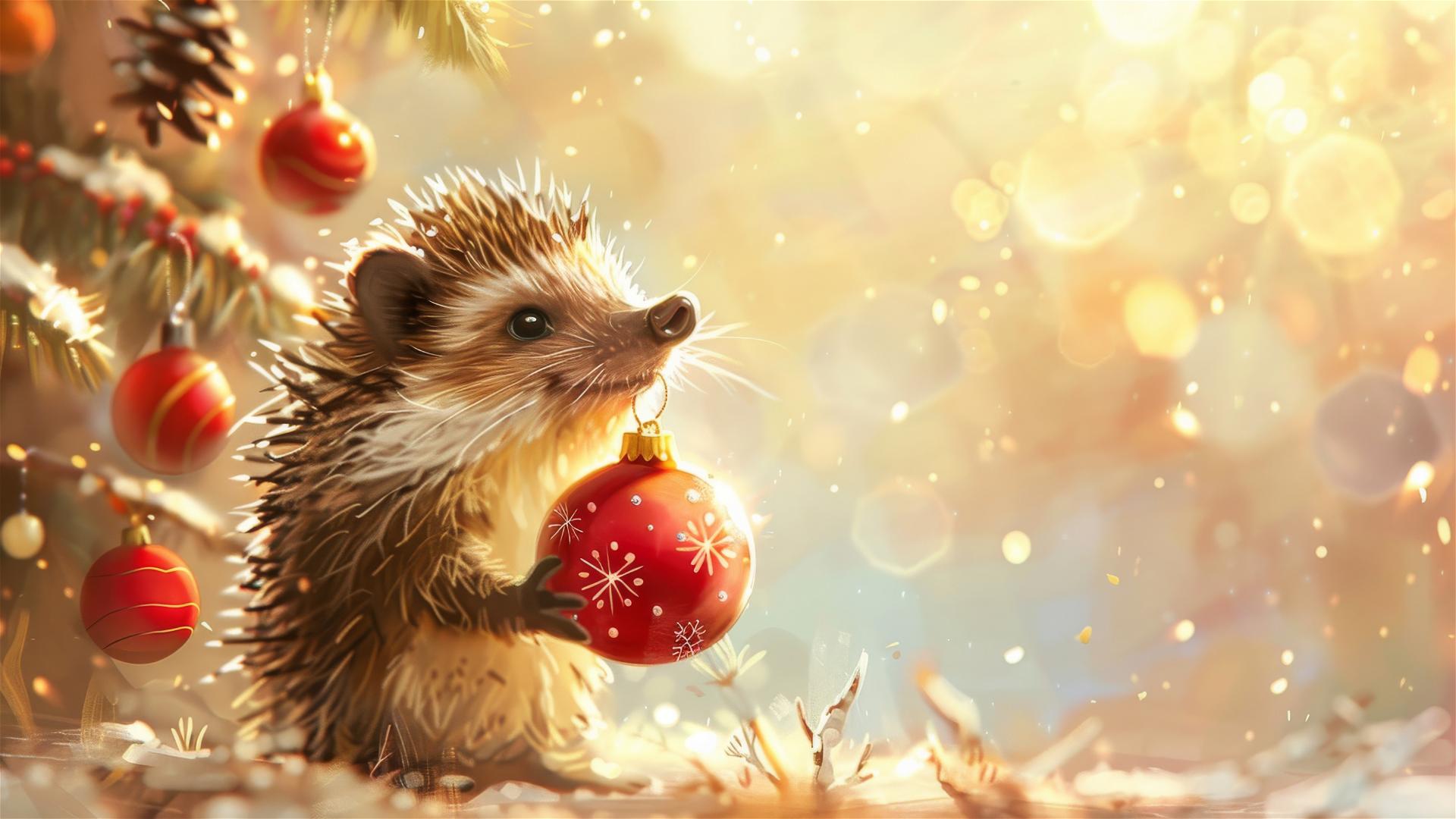 A cheerful hedgehog holding a Christmas ornament with a Christmas tree background.