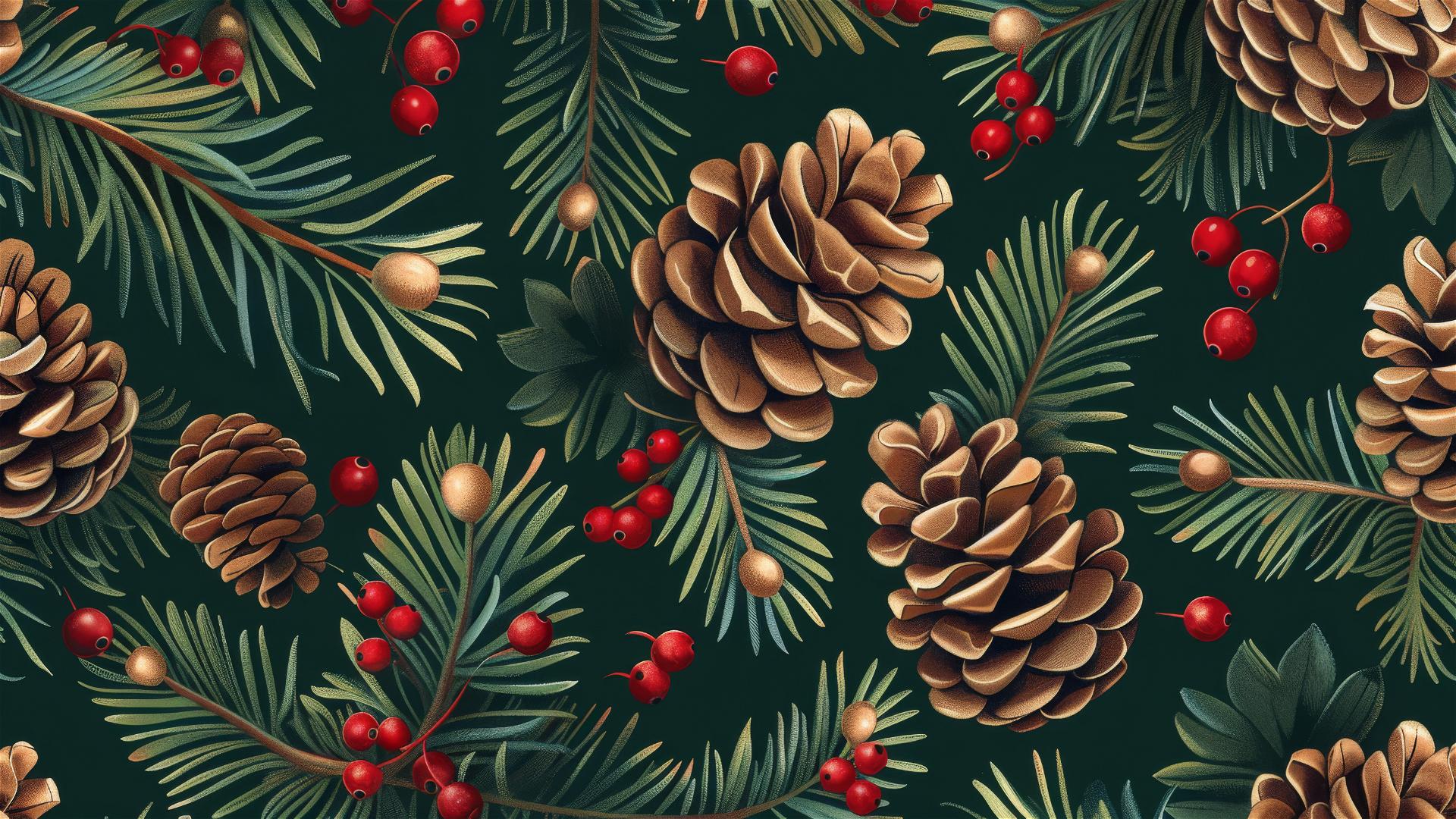 Seamless pattern of spruce cones, pine needles, and red berries on dark green background.