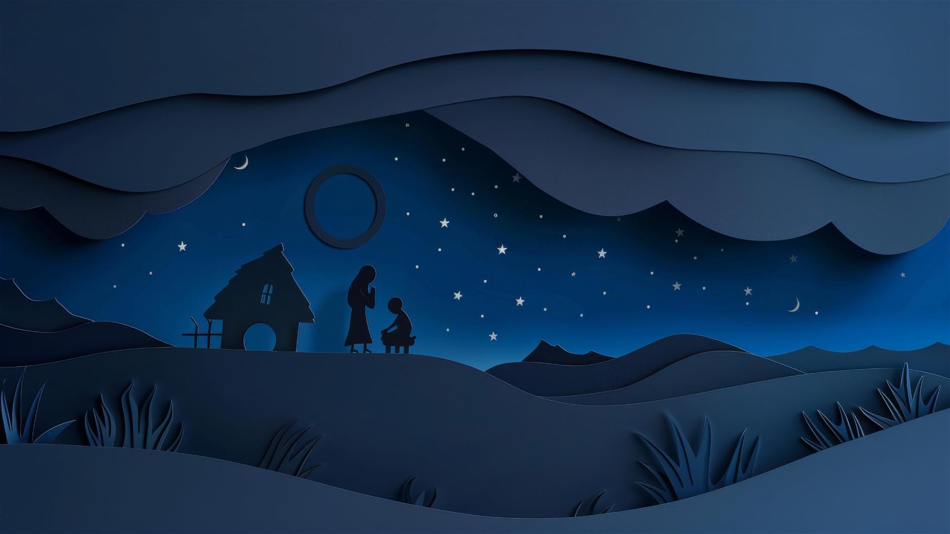 Nativity scene illustration in paper cutout style against a blue night sky