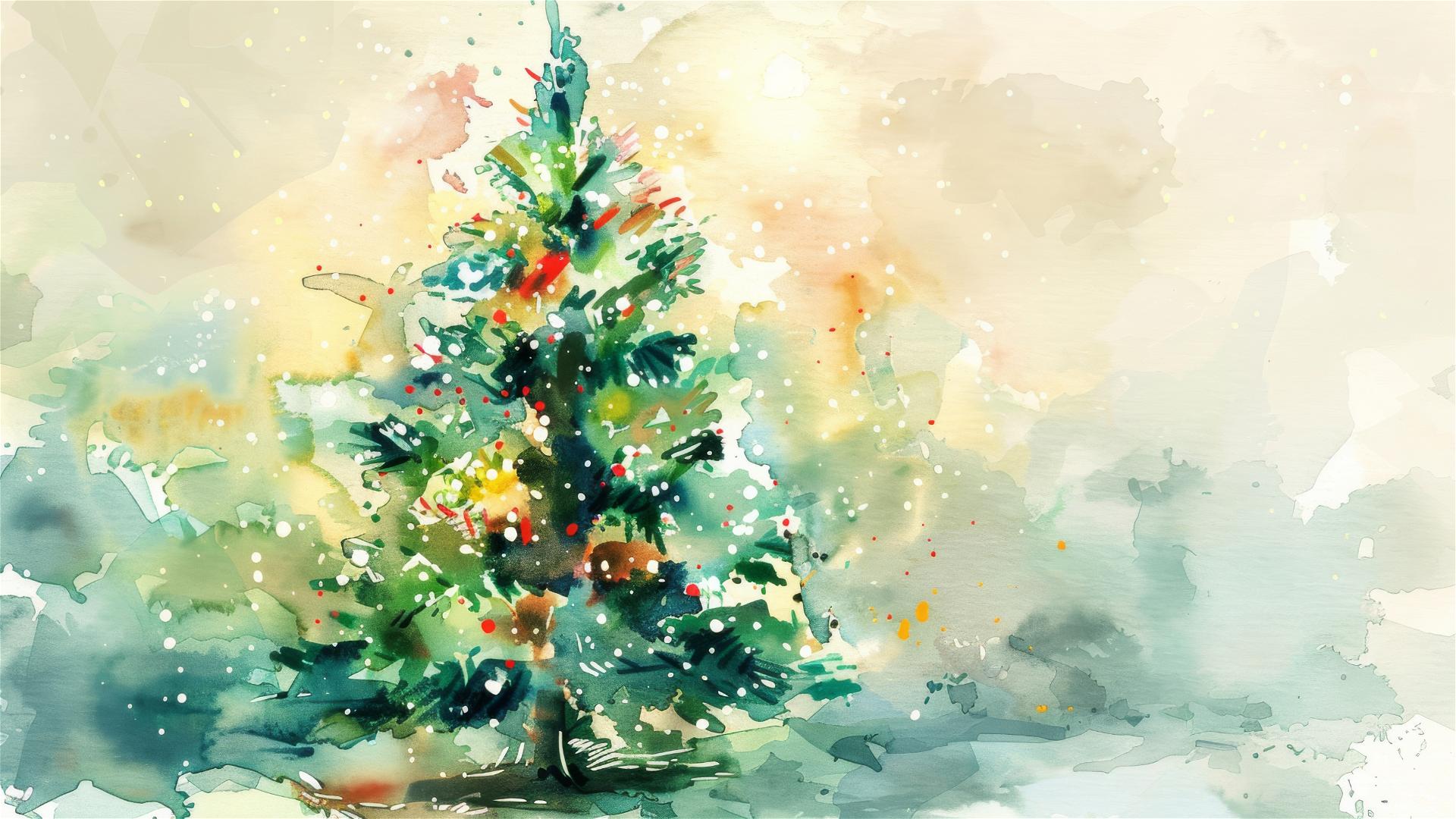 Christmas tree watercolor brushstroke with bright light and rich details