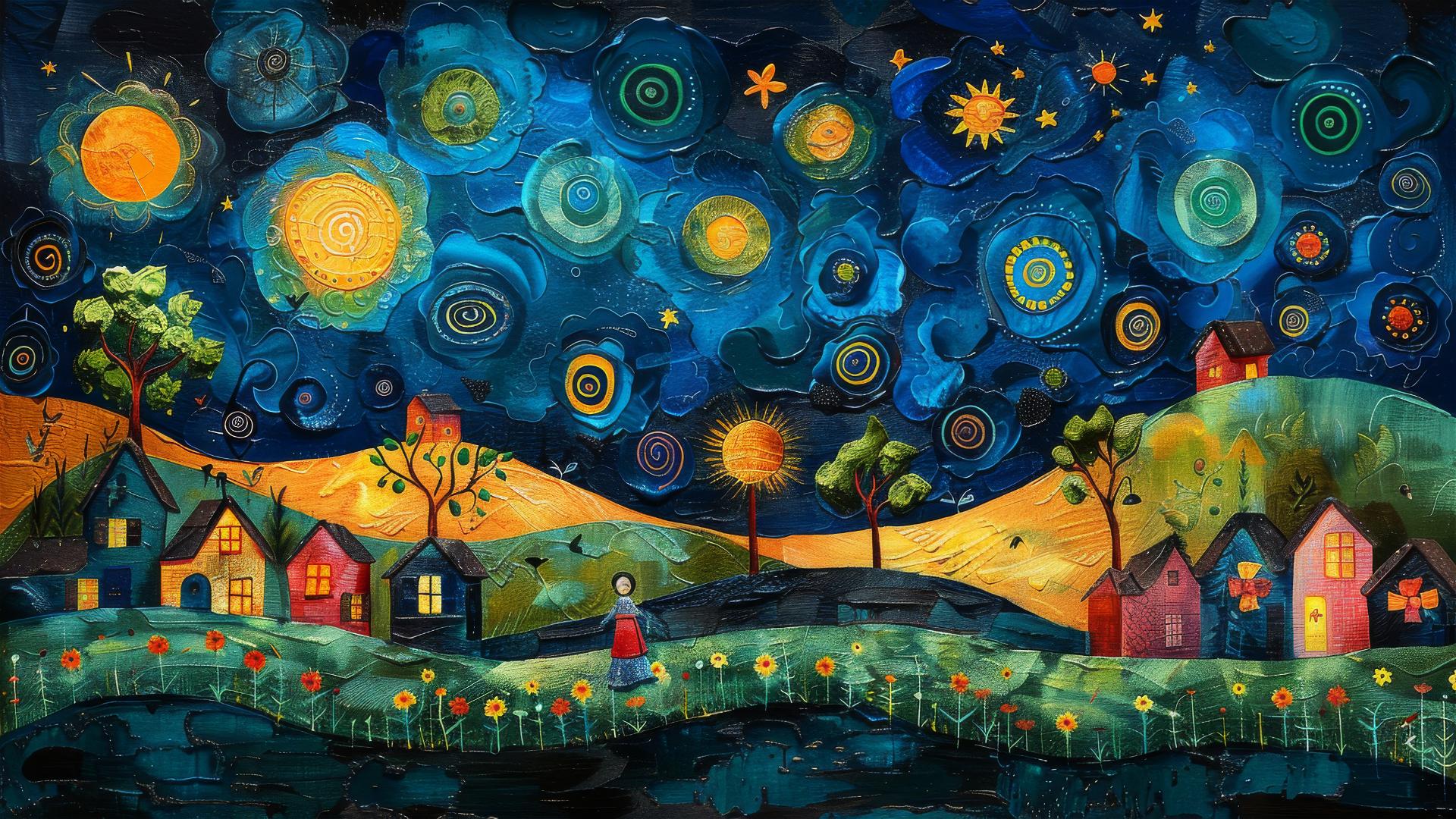 city street lined with buildings under starry night in Van Gogh style