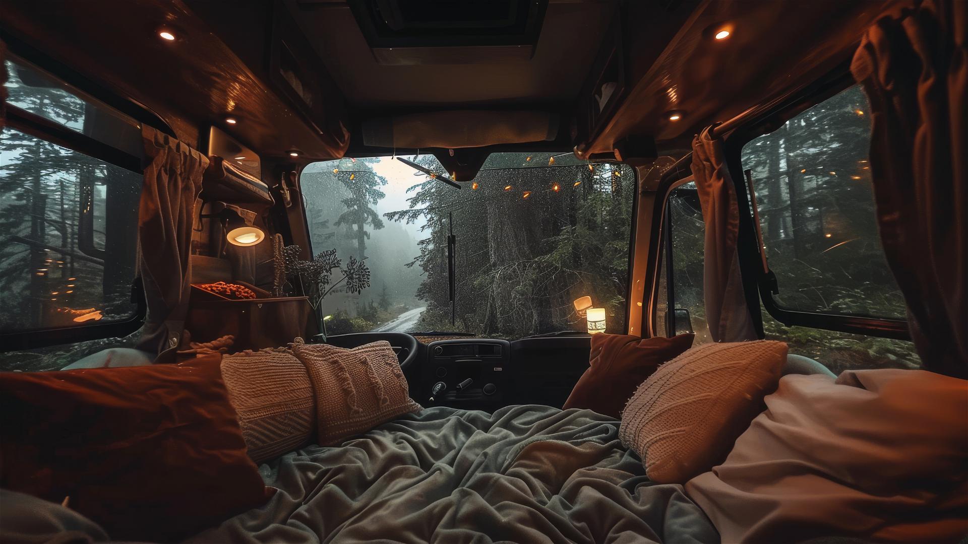 Cozy RV interior during a rain shower