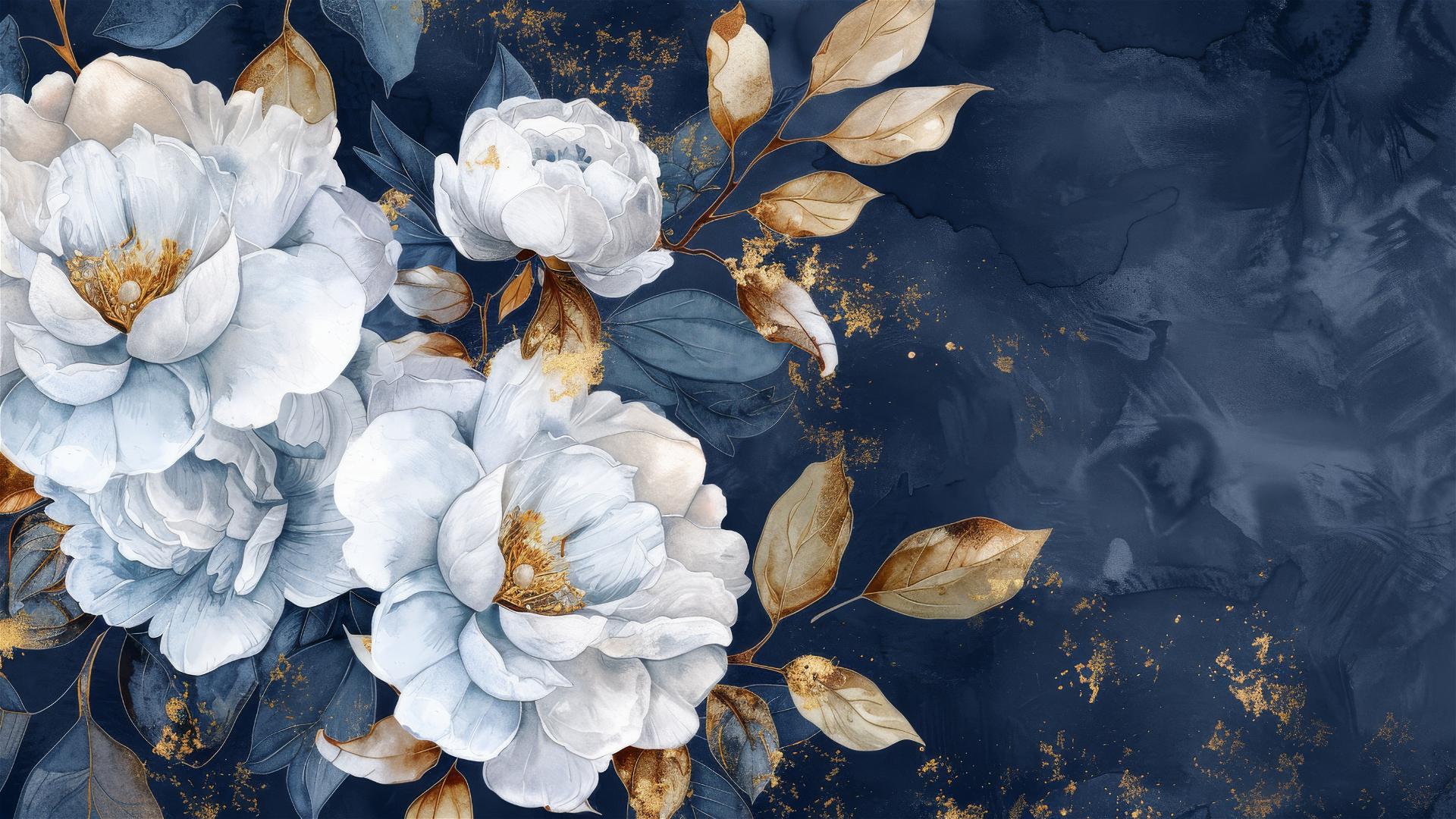White flowers and golden leaves on a dark navy blue background