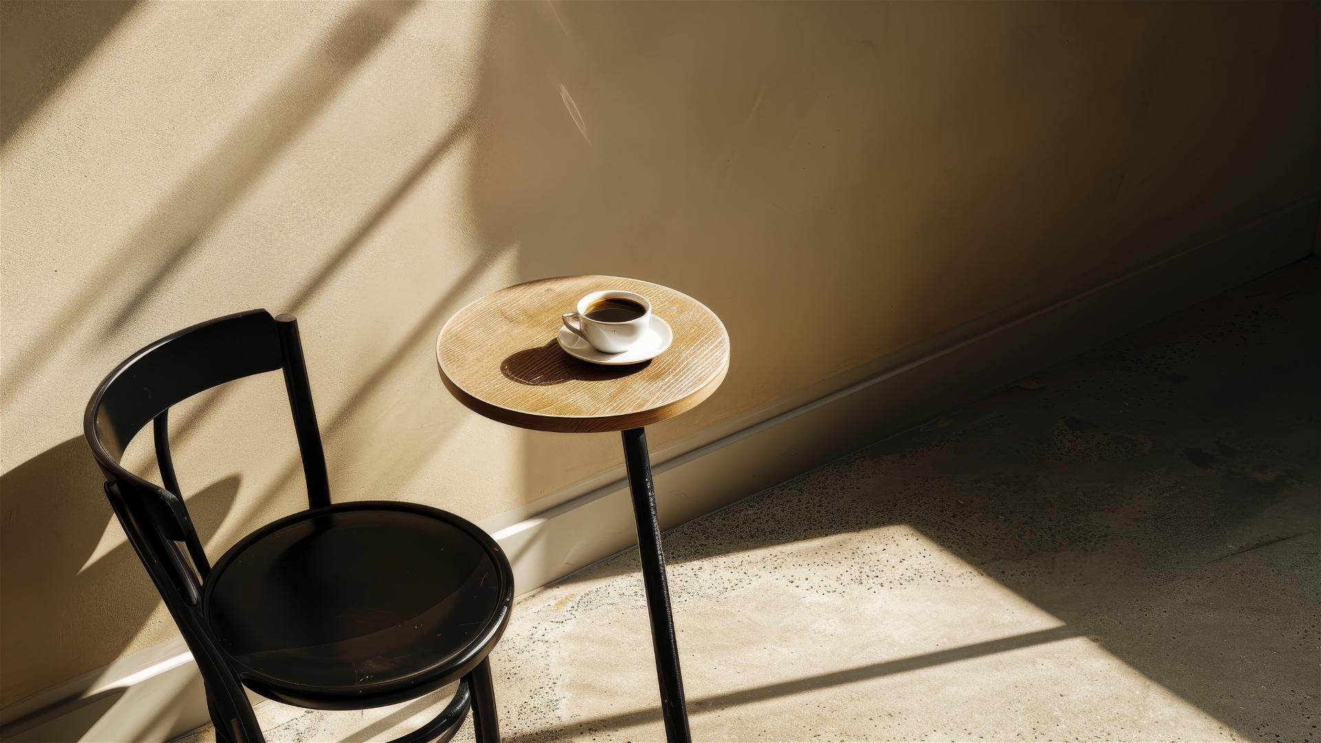 Minimalist coffee shop with black chair, wooden table, and white coffee cup.