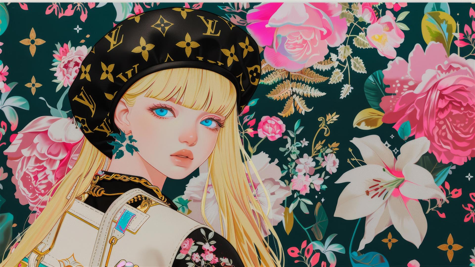 Blonde girl with blue eyes in Louis Vuitton beret, floral Hikari Shimoda style background