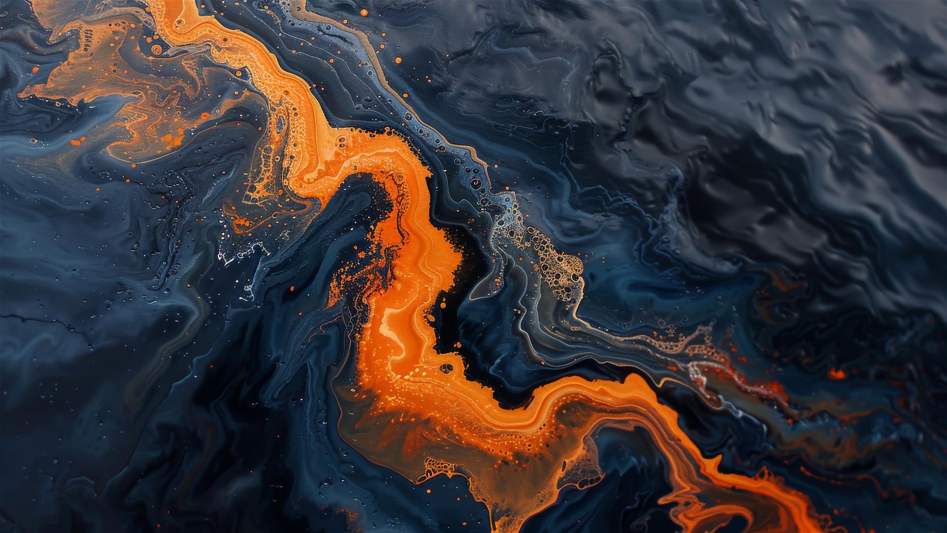 Aerial view of orange and black oil floating in S-shape on dark blue-gray waters, anime style.