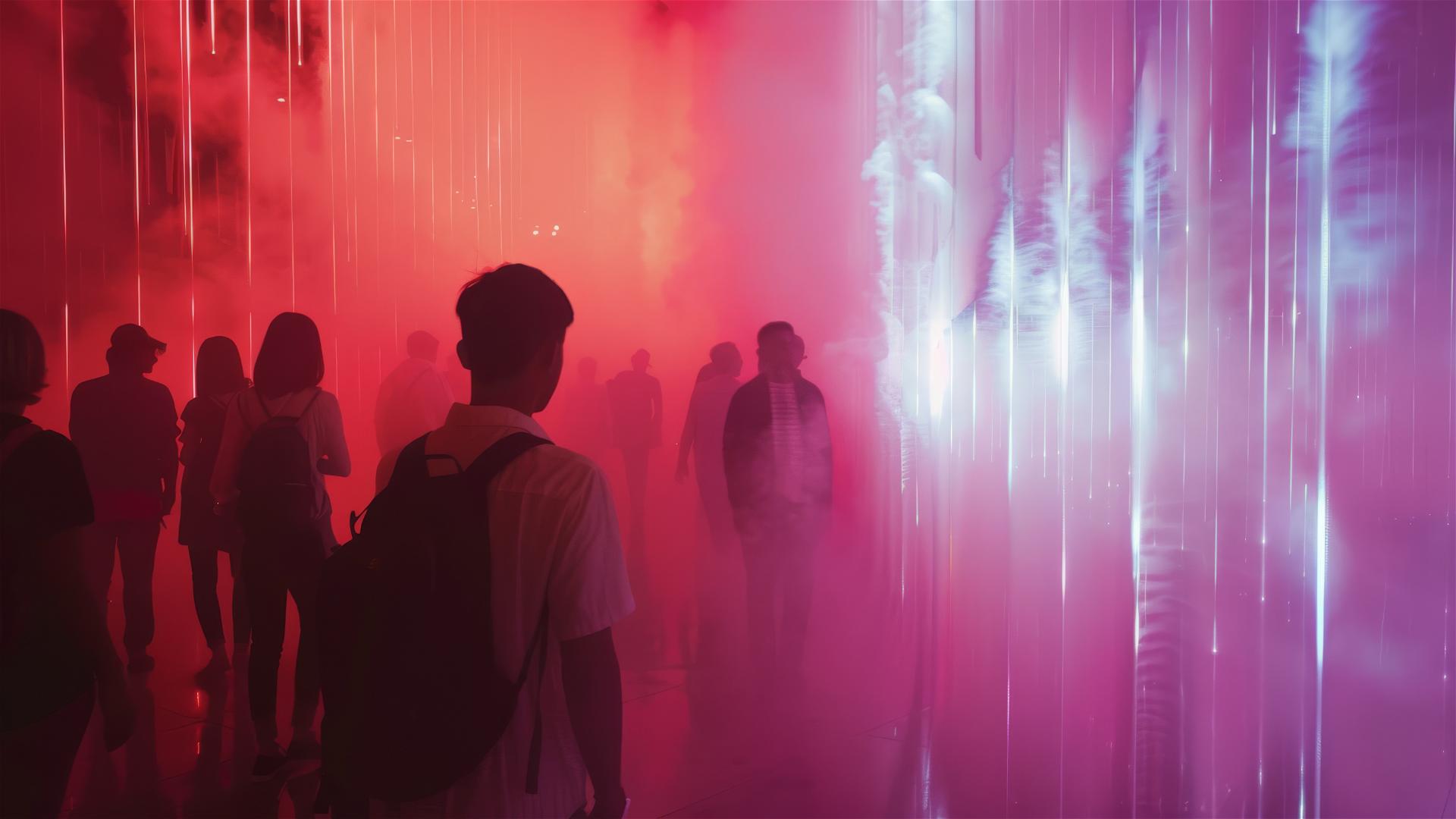 People walking through a curtain of laser smoke